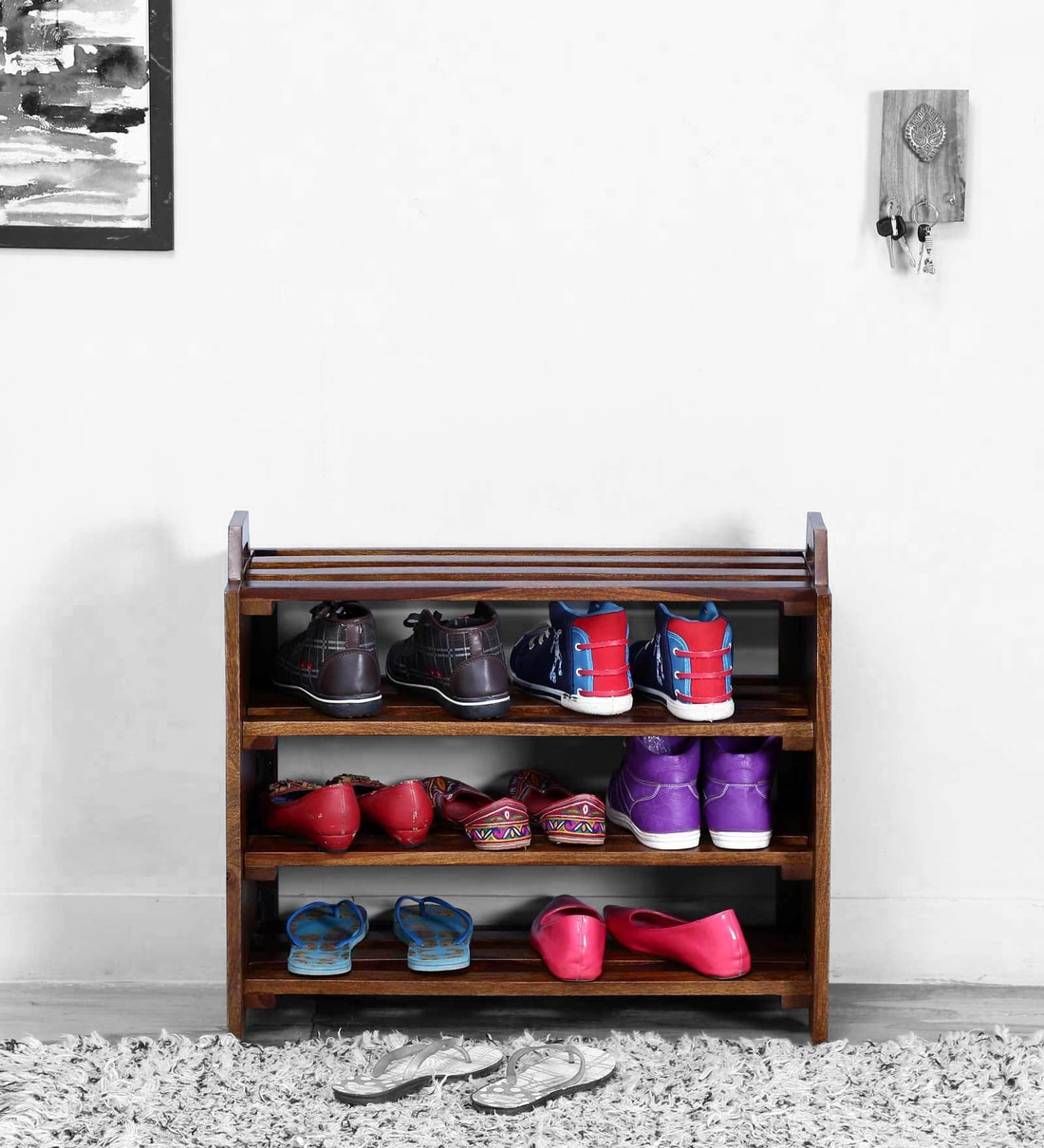 Buy Elkhorn Sheesham Wood Open Shoe Rack In Provincial Teak Finish at