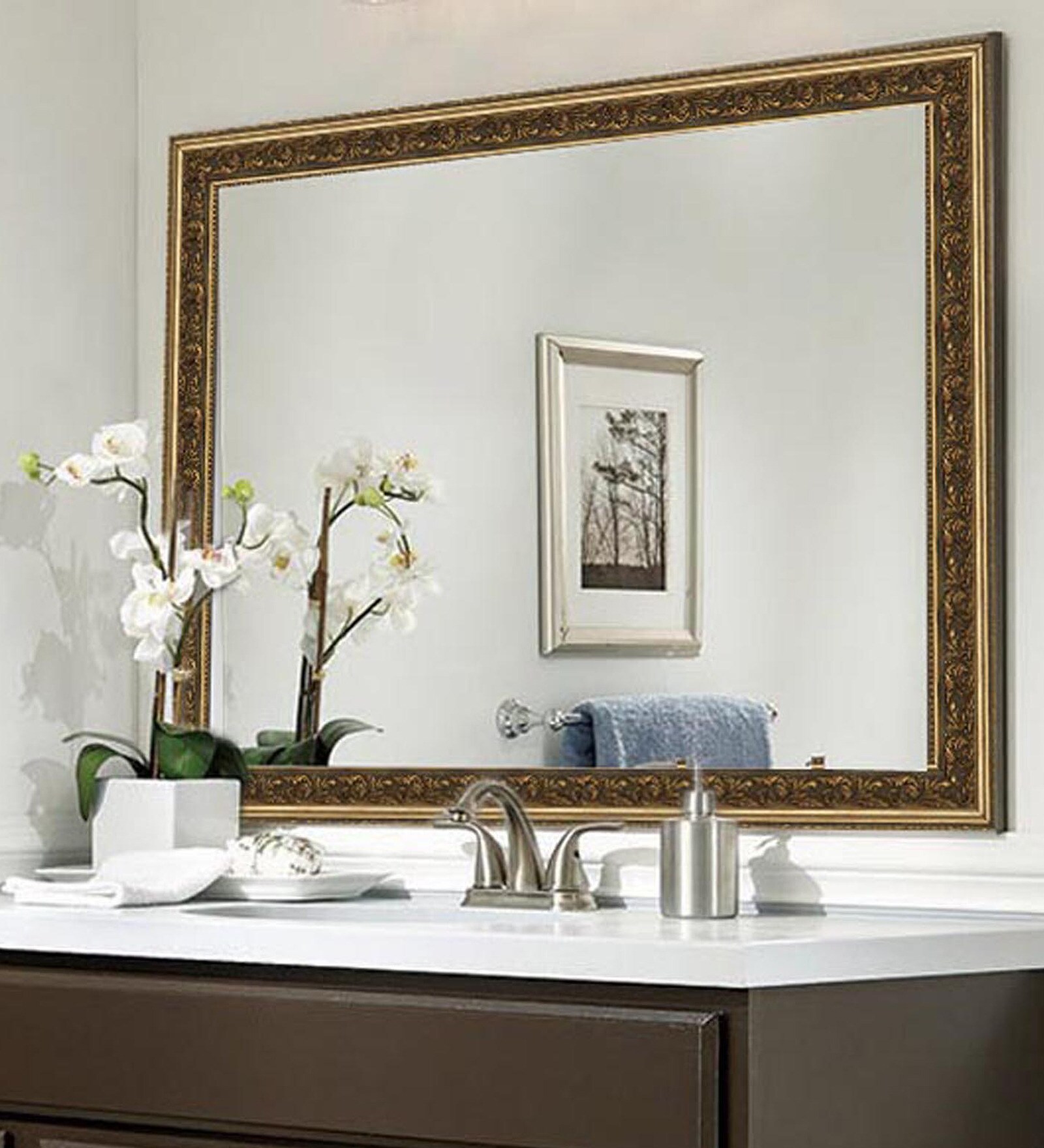 Buy Synthetic Wood Framed Brown Bathroom Mirror (L56, H44 Inches) by