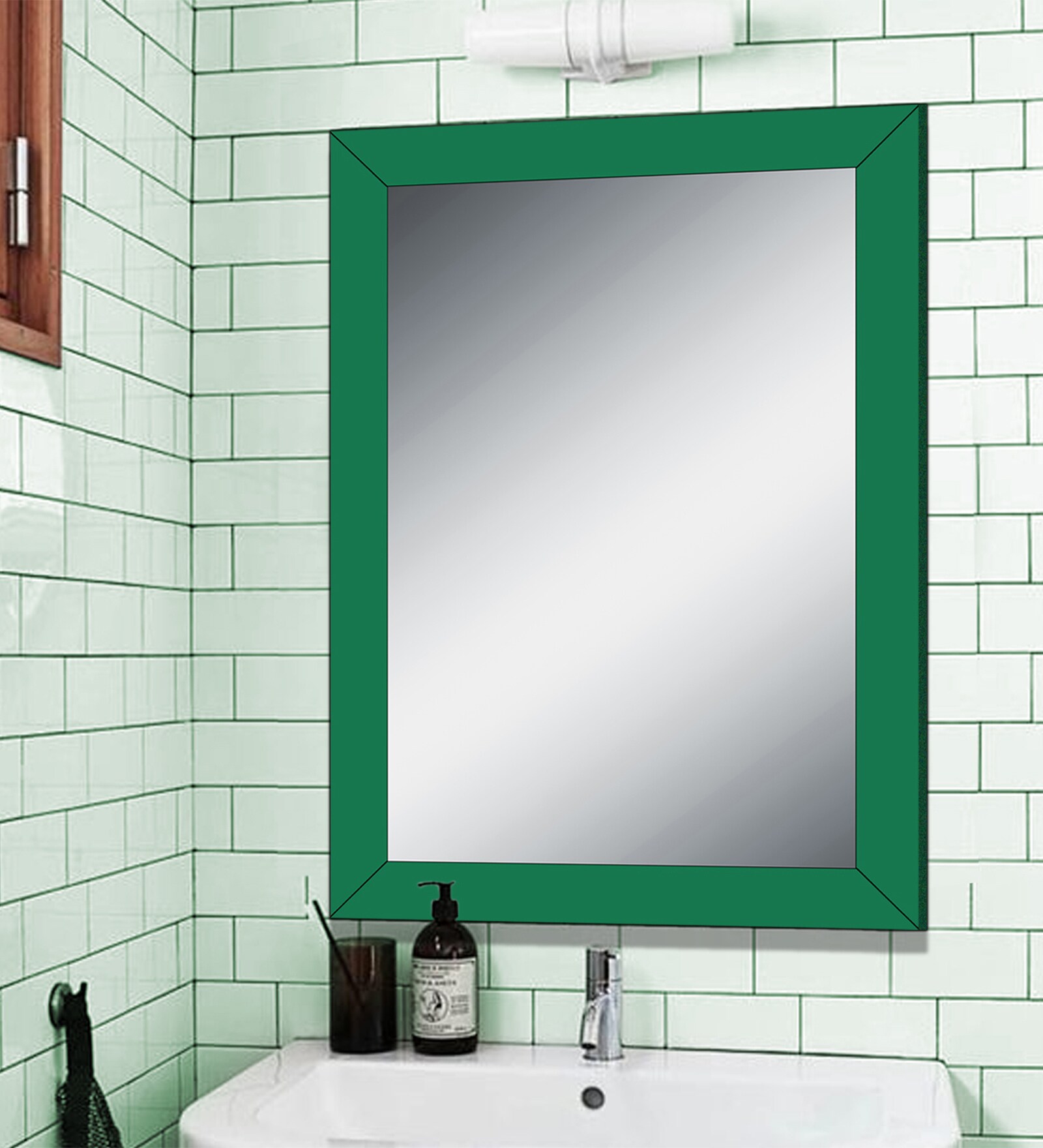 Buy Synthetic Wood Rectangle Wall Mirror in Green colour by Elegant