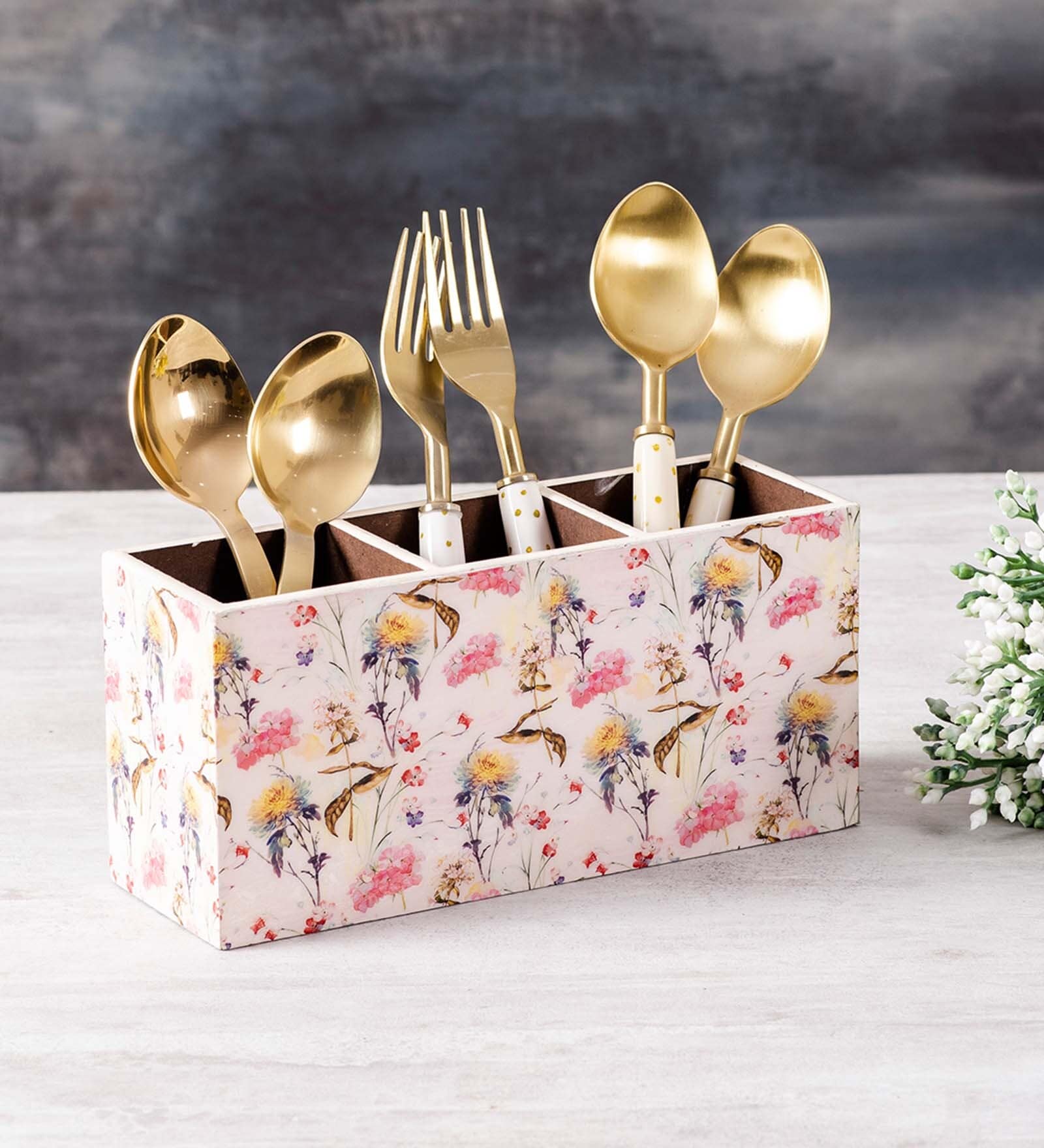 Buy Enamel White & Pink Mango Wood Cutlery Holder Online Cutlery