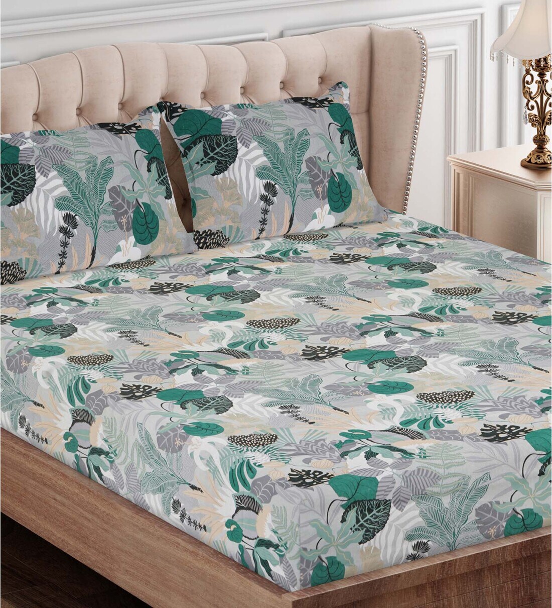 Buy Green Floral 144 TC Cotton Queen Sized Bed Sheets with 2 Pillow Covers by SEJ By Nisha Gupta