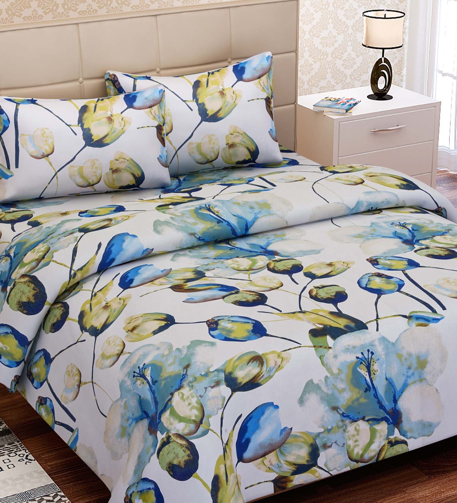 Buy Green Floral 144 TC Cotton Queen Sized Bed Sheets with 2 Pillow