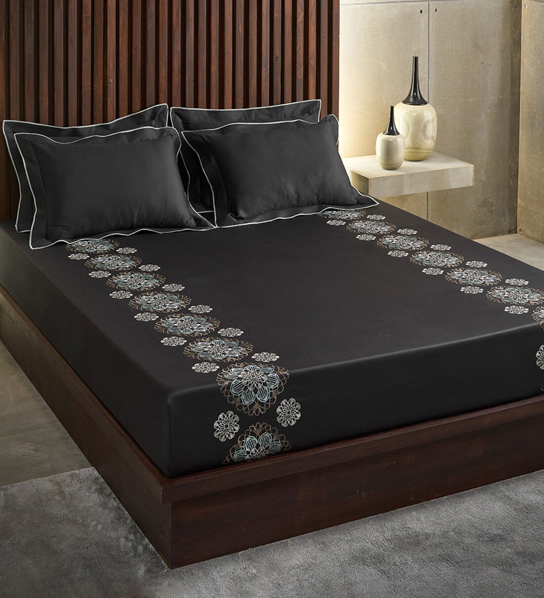 Buy Eternity Ebony 100 Cotton 210TC Embroidered Double Bedsheet With 2