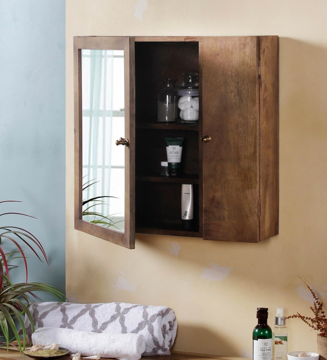 Buy Mango Wood Natural Finish 6 Compartment Bathroom Cabinet Online ...