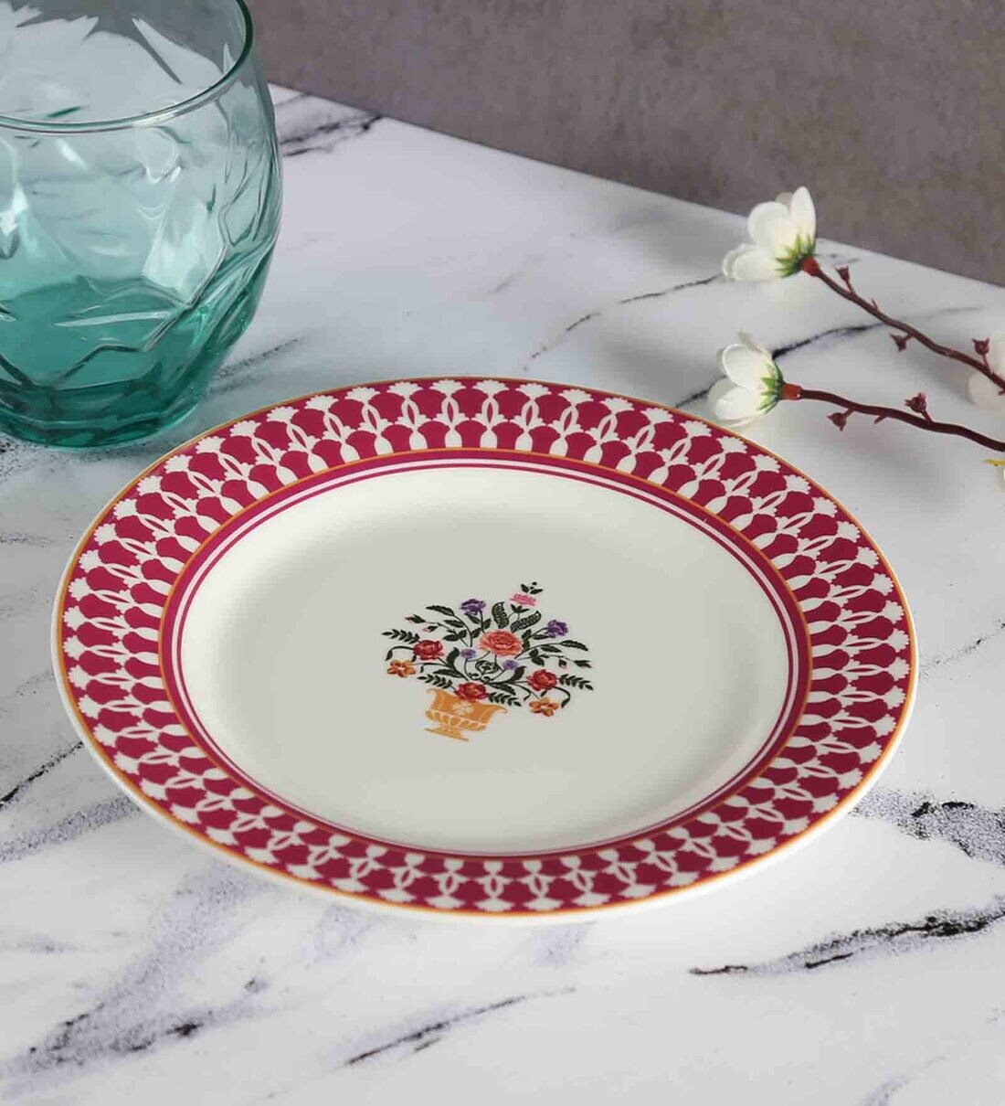 Buy Floral Fountain 7 Inch Red Bone China Quarter Plate Online Side