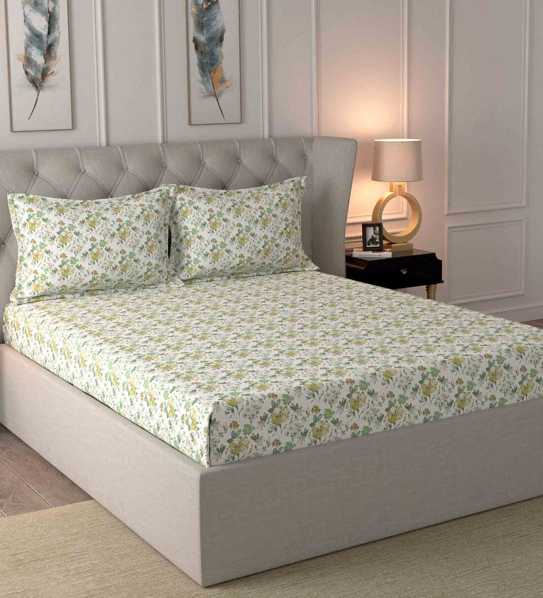 Buy Green Floral 144 TC Cotton King Sized Bed Sheets with 2 Pillow