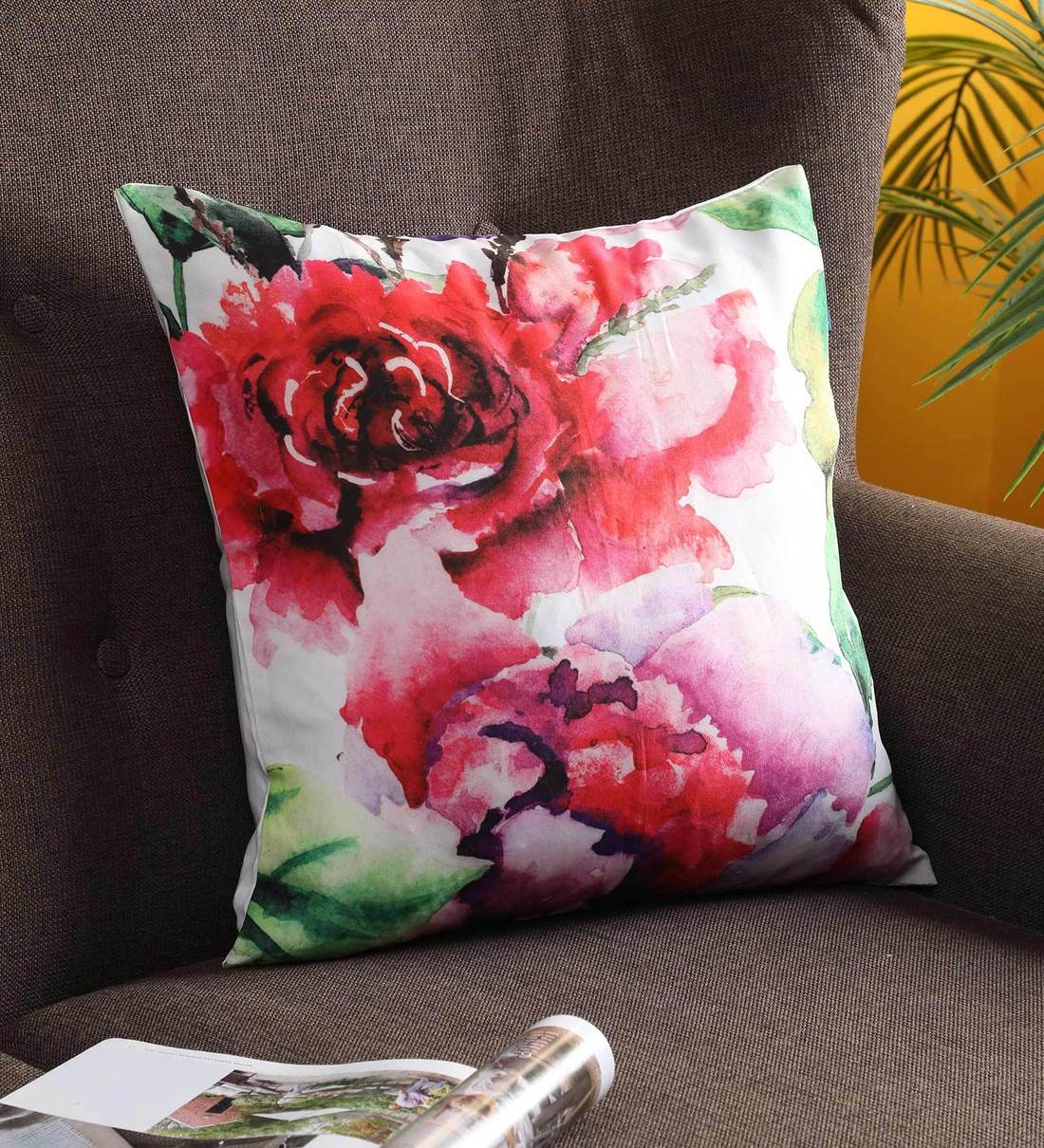 Buy Red Florals Satin 16 x 16 Inches Cushion Cover by Ambbi Collections