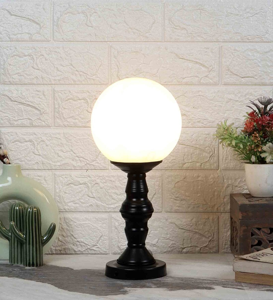 Frosted White & Black Glass & Metal Table Lamp, By DecorativeRay