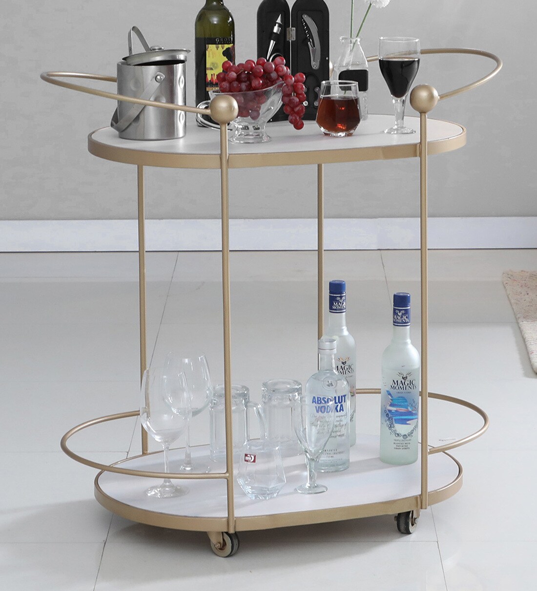 Buy Lamego Metal Bar Trolley in White & Golden Finish Online - Bar ...