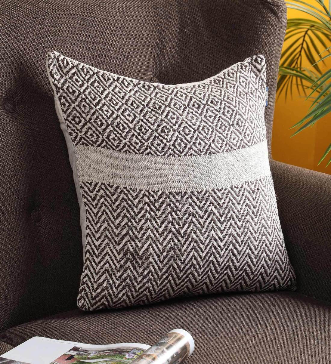 Buy Brown Zig Zag Cotton 16 x 16 Inches Cushion Cover by Ambbi