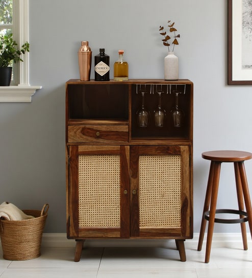 Glasgow Sheesham Wood Bar Cabinet In Provincial Teak Finish