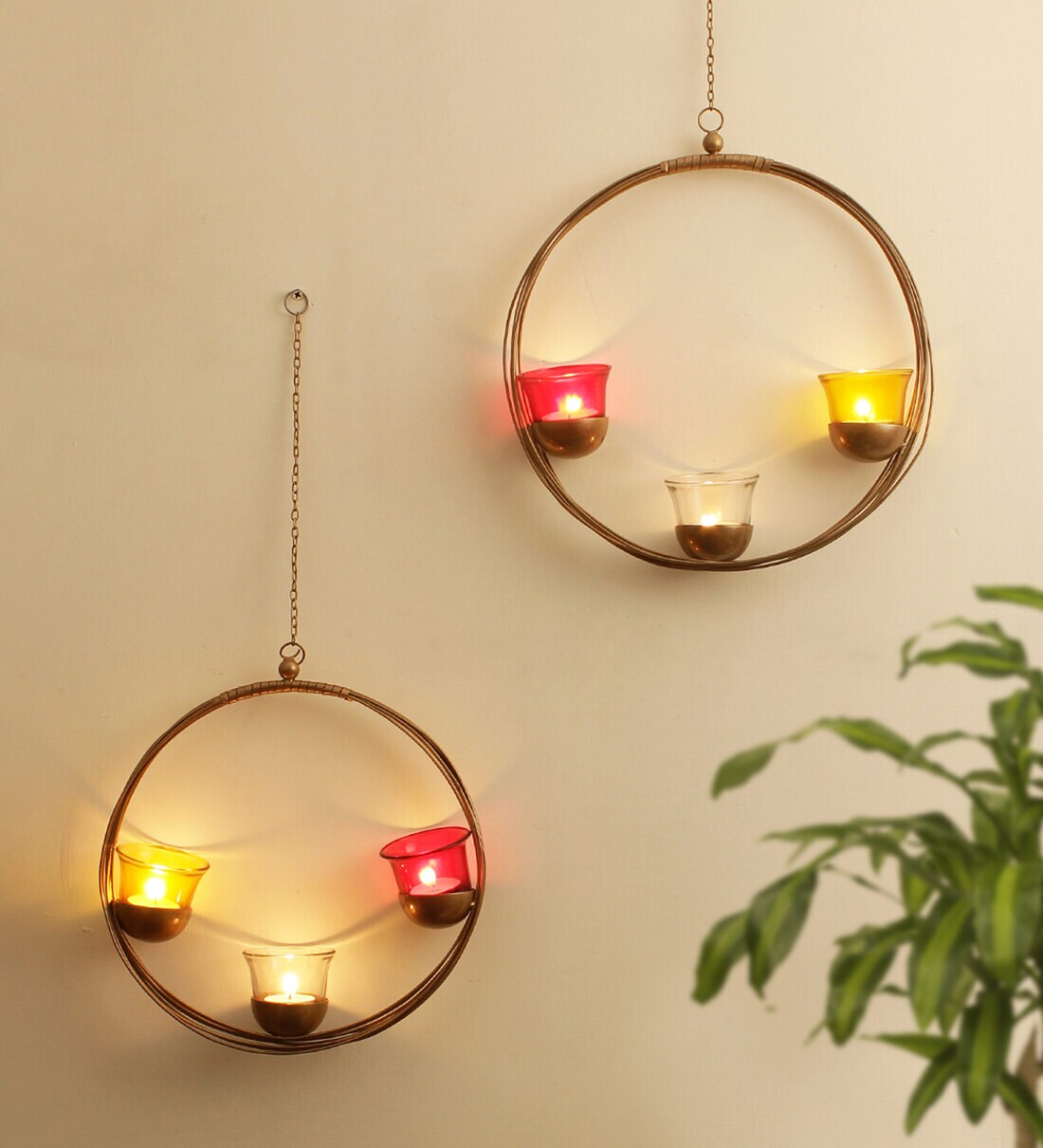 Buy Gold Glass Set Of 2 Wall Hanging Candle Holder By Tied Ribbons