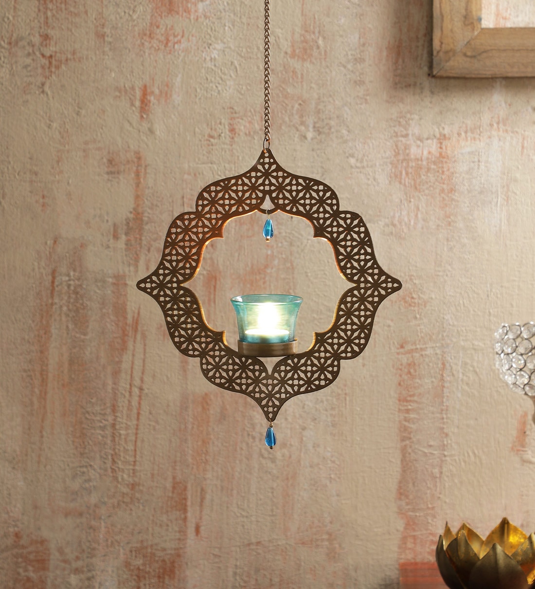 Buy Gold Metal Hanging Tea Light Holder by Dhatvi Online Hanging Tea