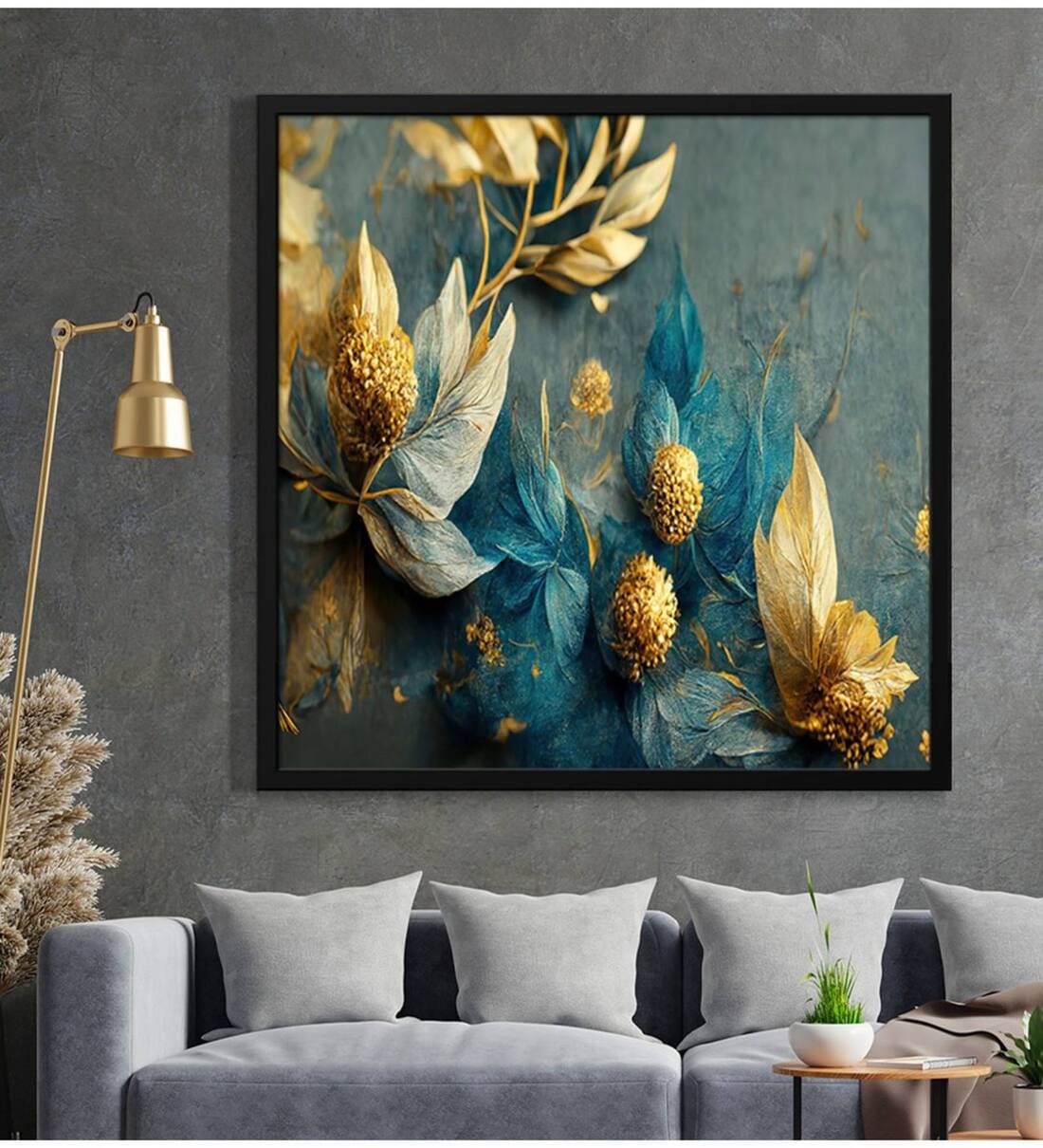 Buy Golden Flower With Golden Leaf And Blue Leaf Modern Art Canvas ...