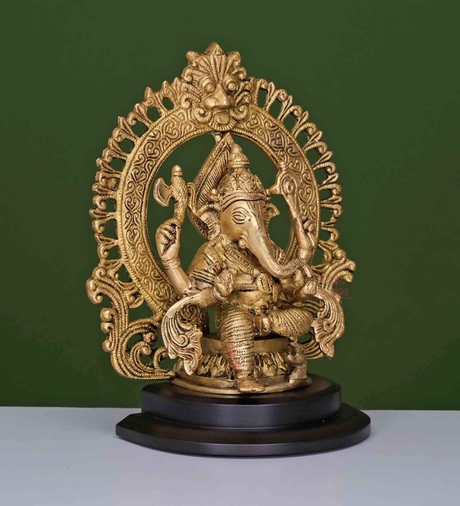 Buy Gold Brass Lord Ganesha Idol On Wooden Base By Ekaa Online ...