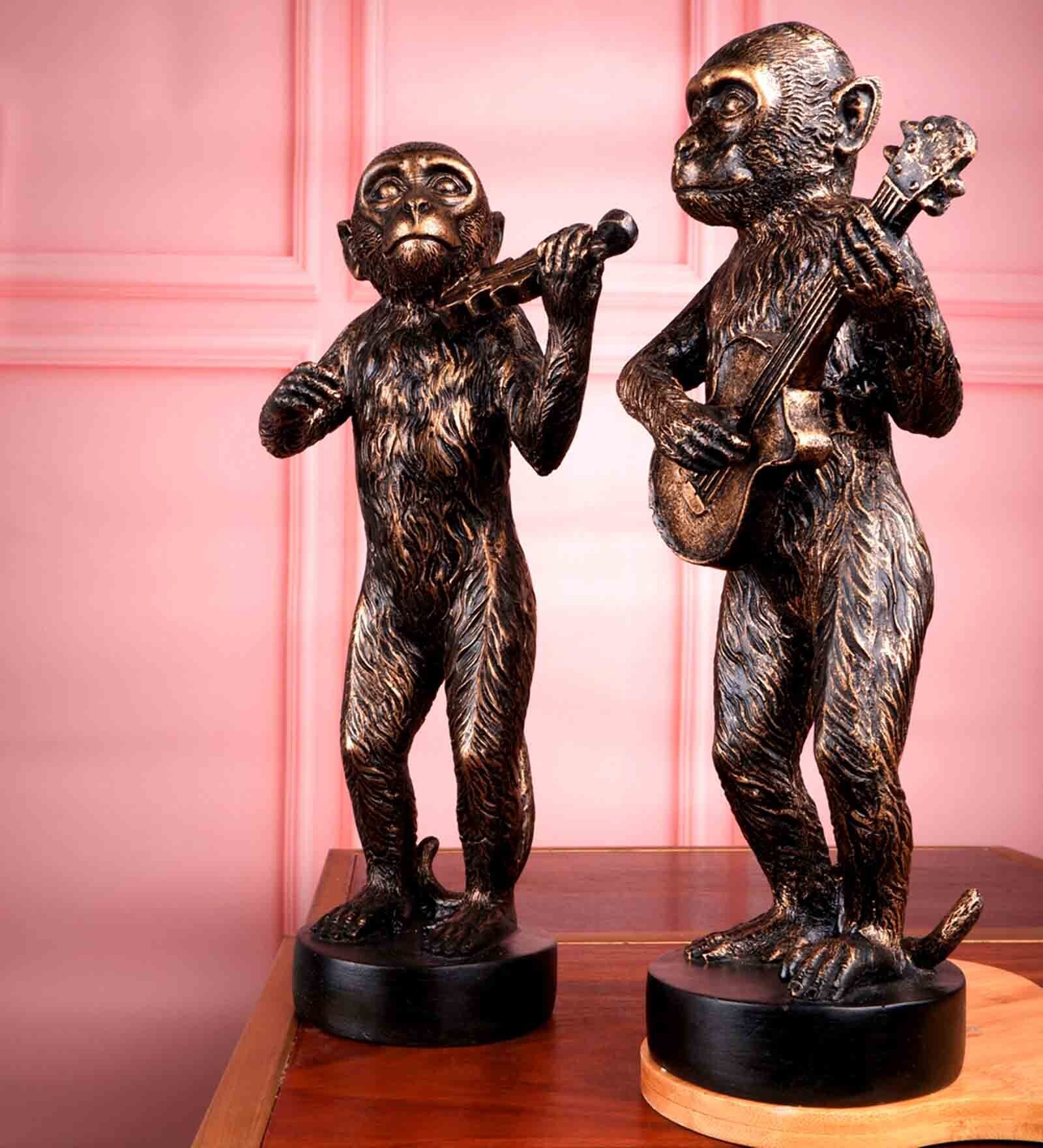 Buy Gold Polyresin Premium Musician Monkey Figurine (Set Of 2) at 41