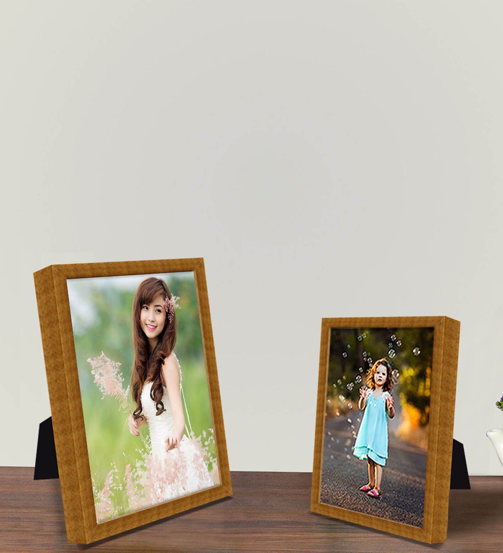 Buy Gold Synthetic Wood Wall Hanging/Table Top , Set Of 2 Photo Frame