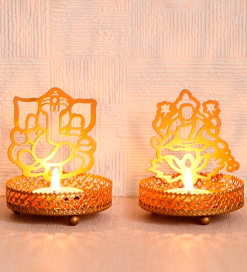 Laxmi And Ganesha Shadow Golden Metal Diya