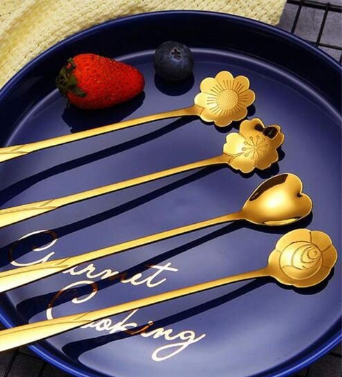 Golden Spoon Set/Coffee Spoon/Dessert Spoons/Cutlery Kitchen Tableware/Stainless Steel Gold Different Shape Coffee Spoons, Set of 4 Pcs,24 Centimeter (Gold)