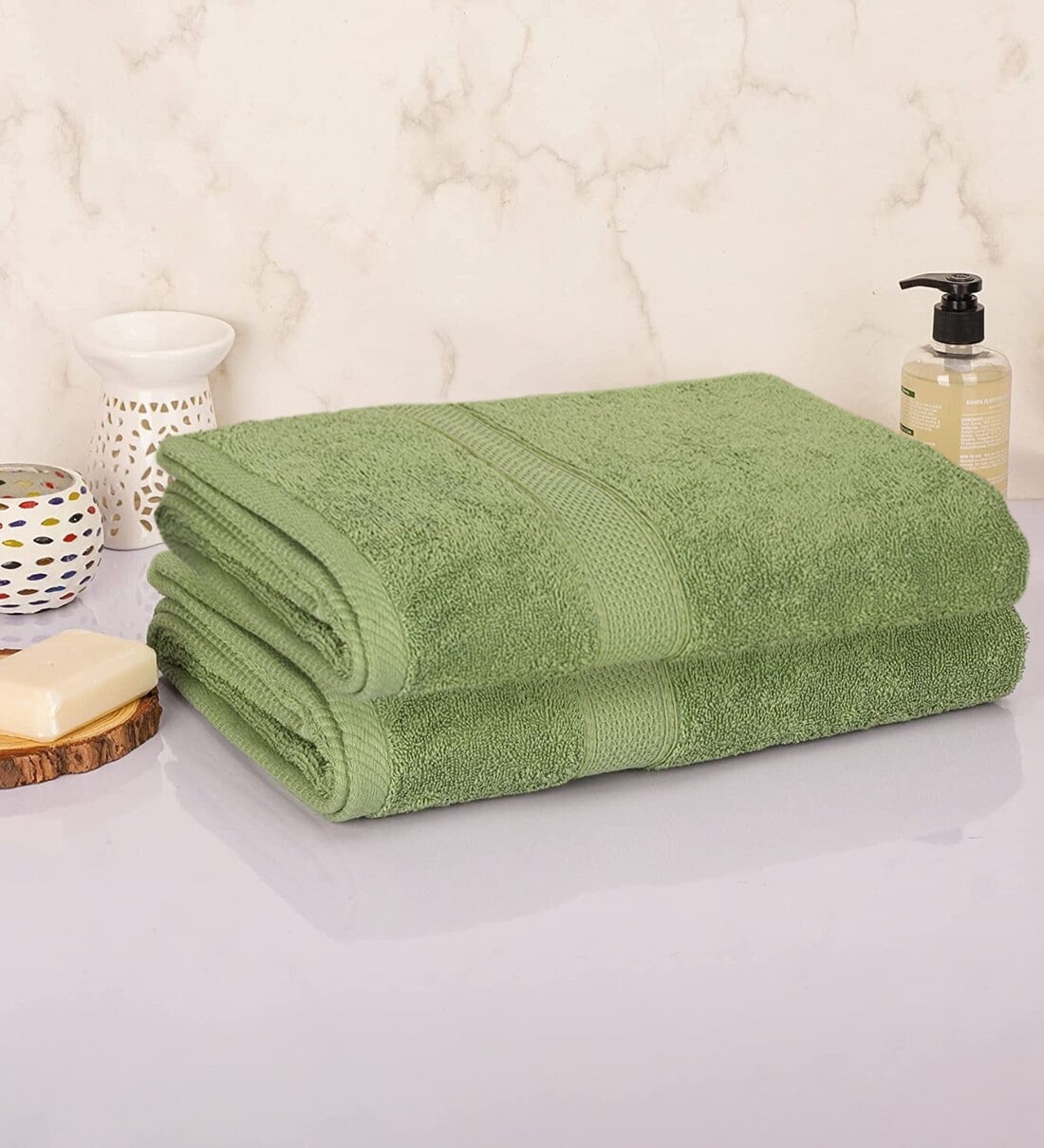 Buy Green Cotton Solid 330 GSM Bath Towels (Set of 2) by SLEEPING OWLS