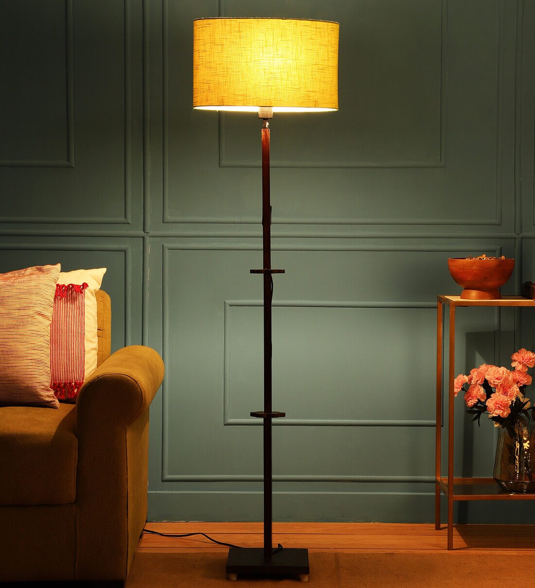 Buy Livorno Green Fabric Shade Club Floor Lamp With Wood Base By Sanded ...