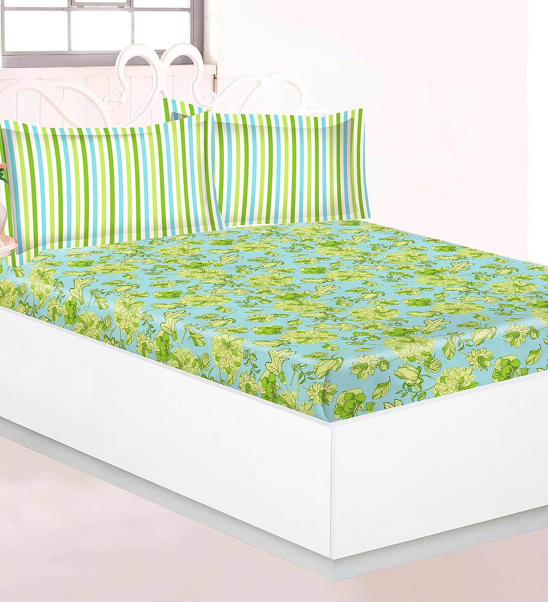 Buy Green Floral 120 TC Polycotton Double Bedsheet With 2 Pillow Covers