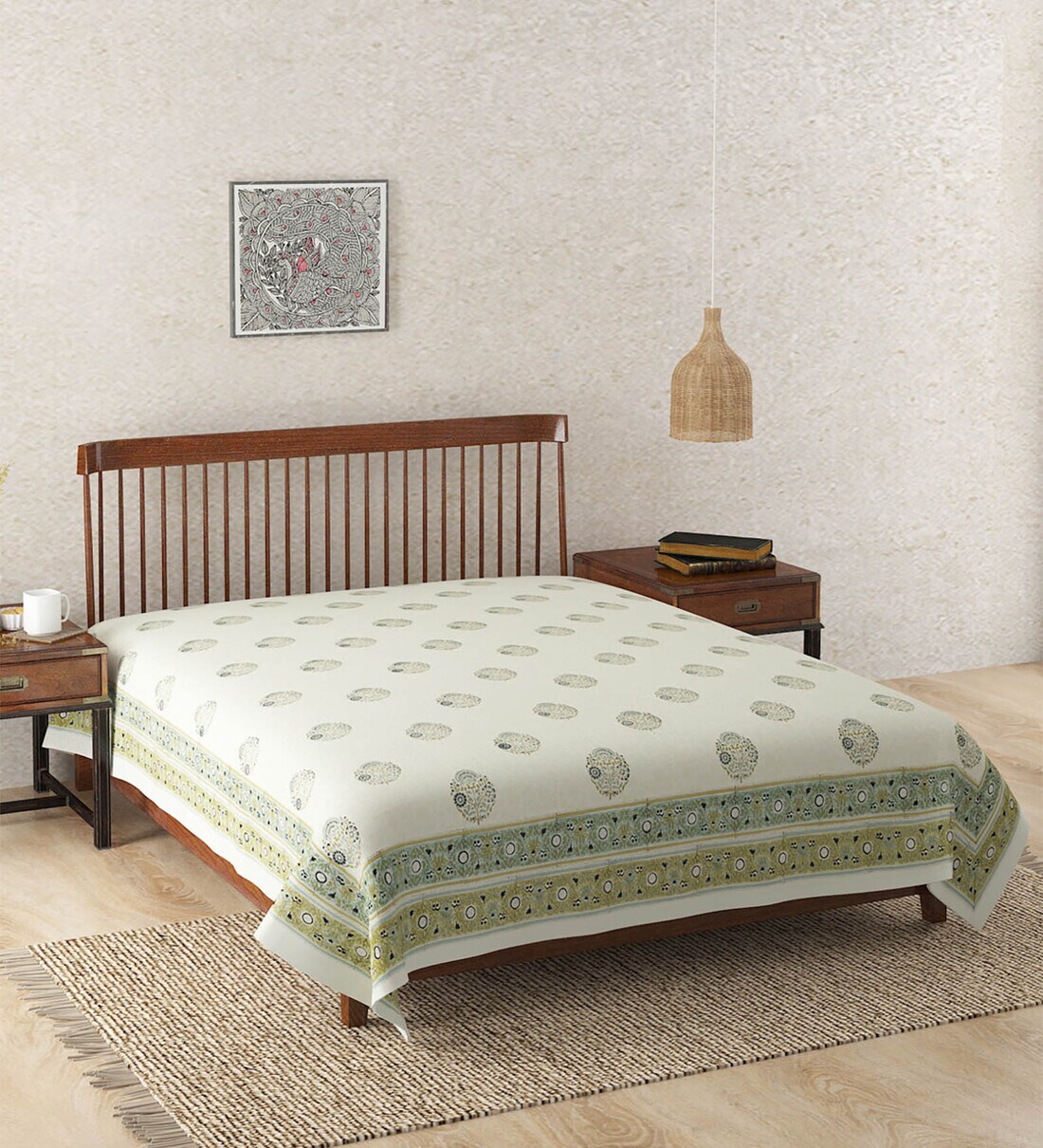 Buy Green Floral 142 TC Cotton Double Bed Cover by Fabindia at 100 OFF