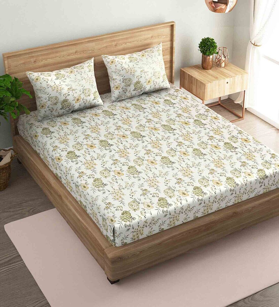 Buy Green Floral 144 TC Cotton Single Bed Sized Bed Sheets With 1 Pillow Cover by Naksh Online