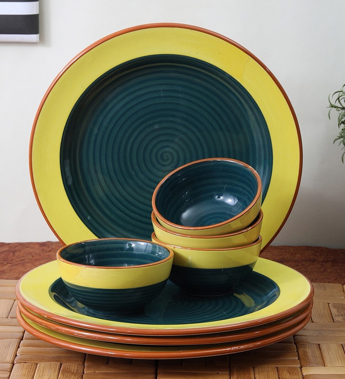 Buy Sea Green & Yellow (Set of 8) Ceramic Dinner Set by Vareesha Online