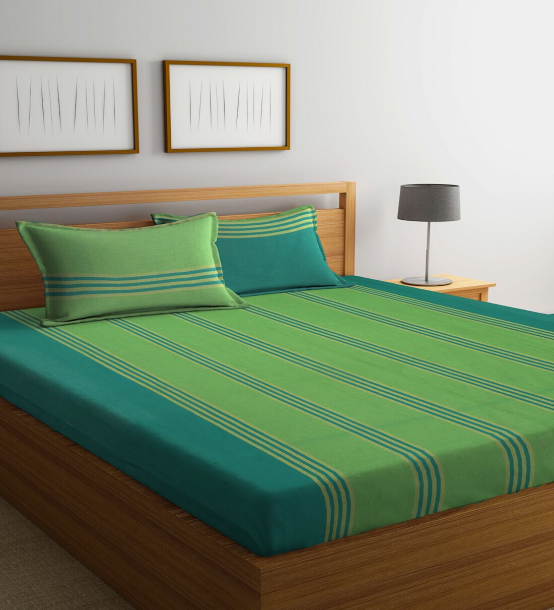 Buy Green Striped 300 TC 100 Cotton Double Queen Bedsheet With 2