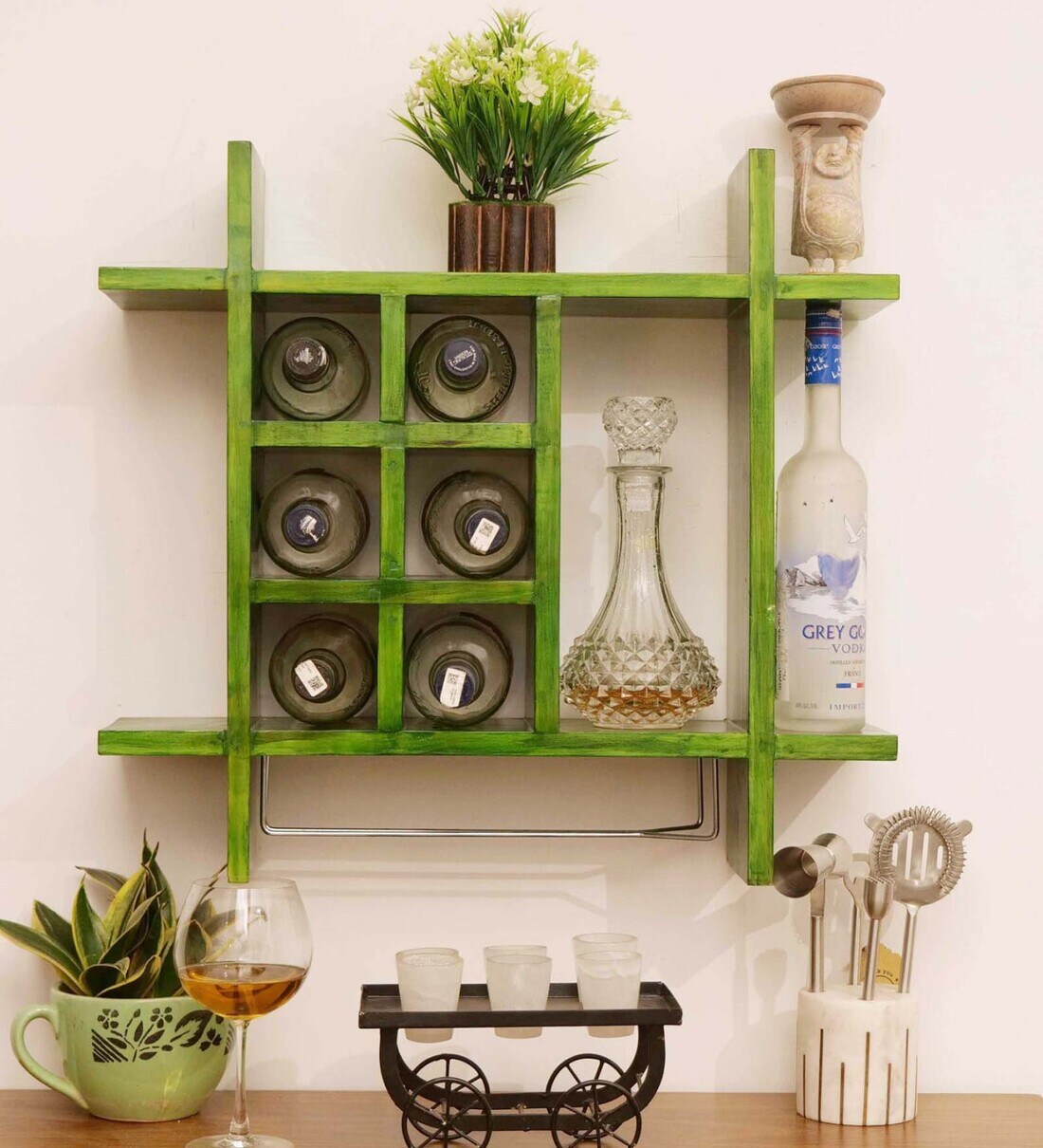 Buy Green Teak Wood Wall Mounted Mini Bar By Katkaria Creations Online