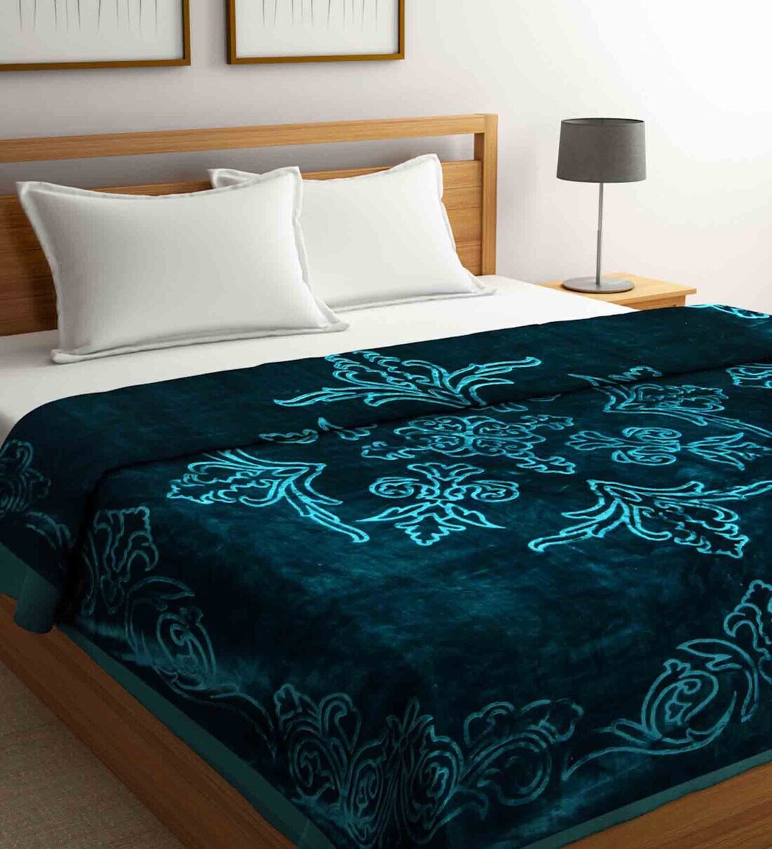 Buy Green Wool Floral 1000 GSM Heavy Winter Double Bed Blanket by
