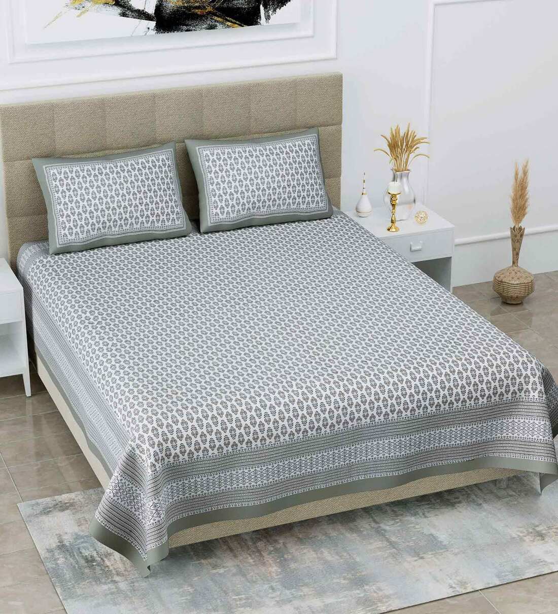 Buy Grey Traditional 108 TC Cotton King Sized Bed Sheets With 2 Pillow ...