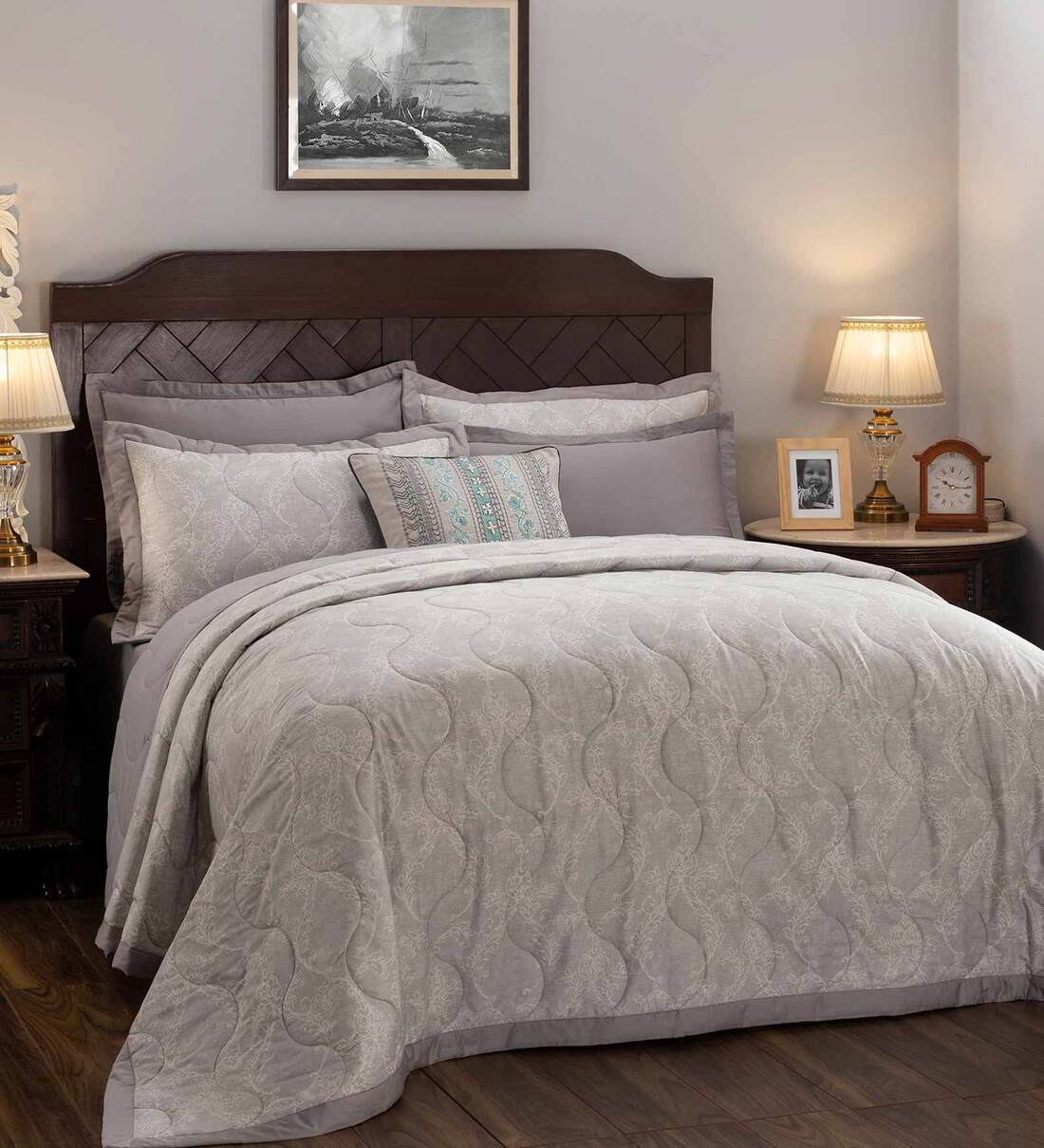 Buy Grey Abstract 400 TC Cotton (Set of 8) Double Bed Bedding Sets by