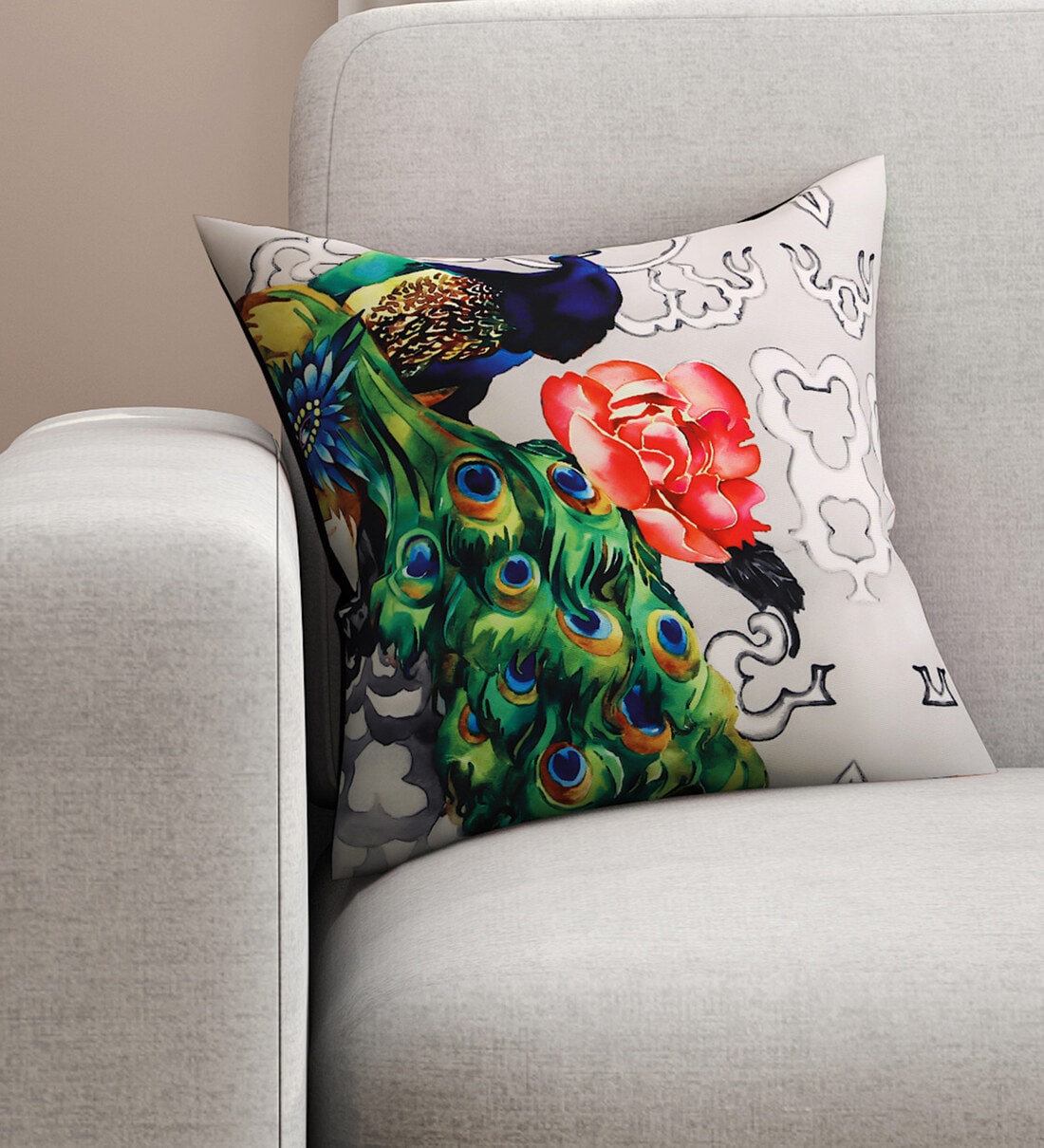 Buy Grey Floral Poly Cotton 16 x 16 Inch Cushion Cover by SEJ By Nisha