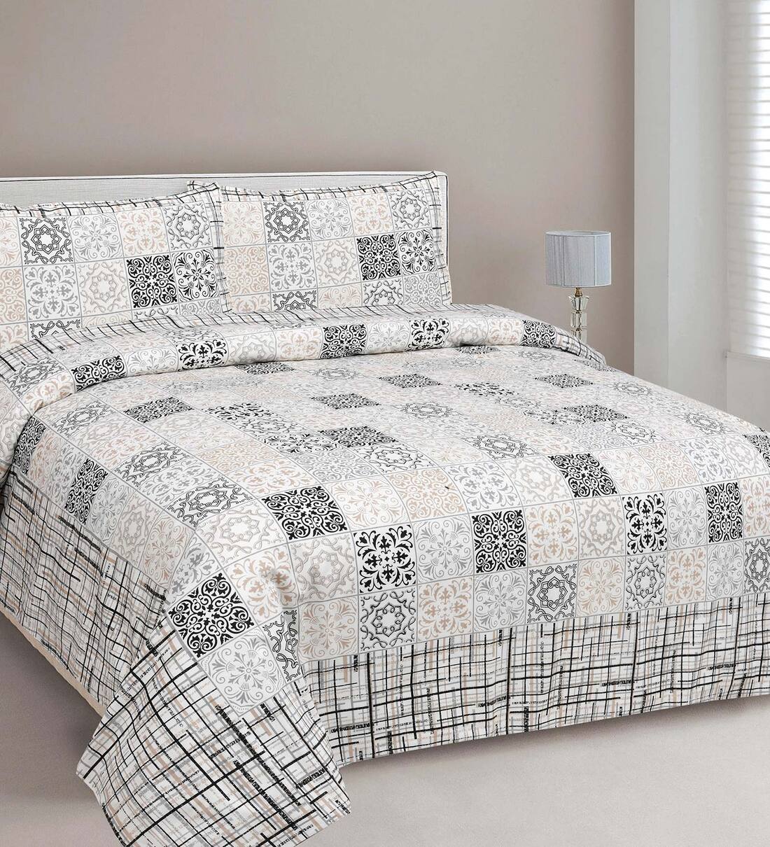 Buy Grey Traditional 210 TC Cotton King Sized Bed Sheets with 2 Pillow