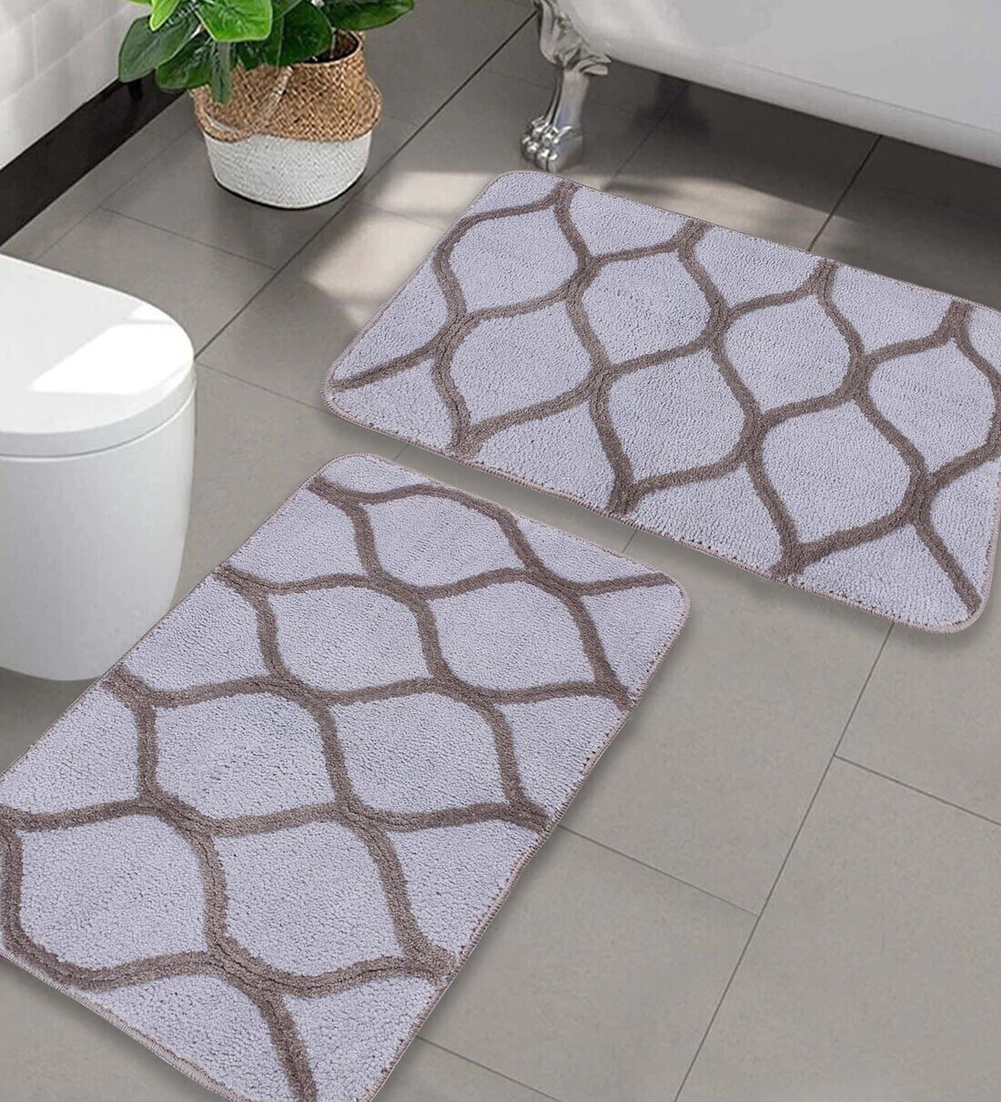 Buy Grey Geometric Microfibre 20x14 Inches AntiSkid Bath Mats (Set of 2 ...