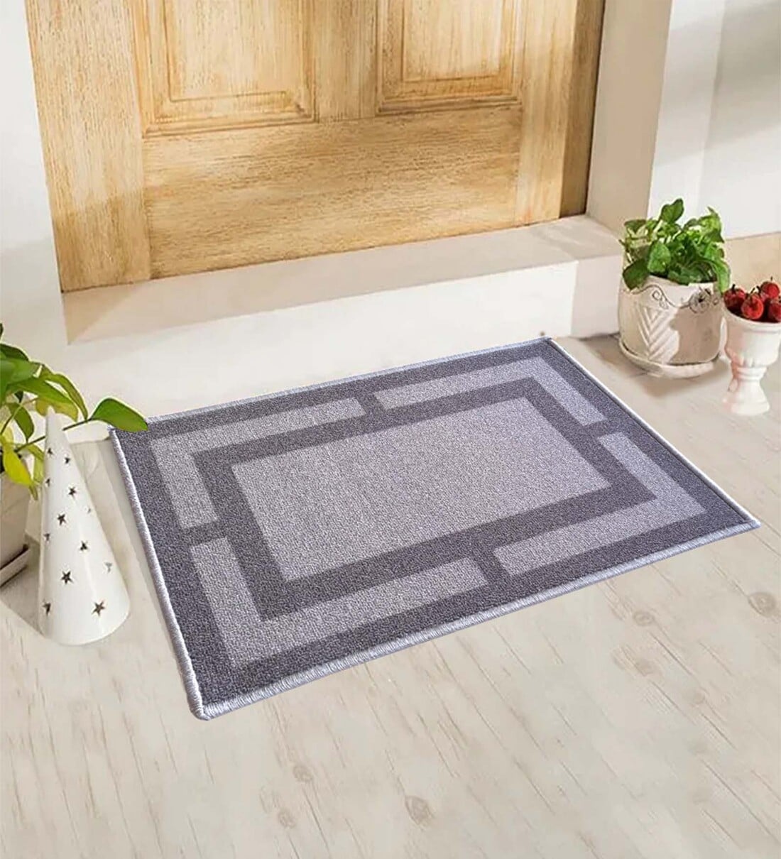 Buy Grey Geometric Nylon 16 x 24 Inches Anti Skid Door Mat by Matz And