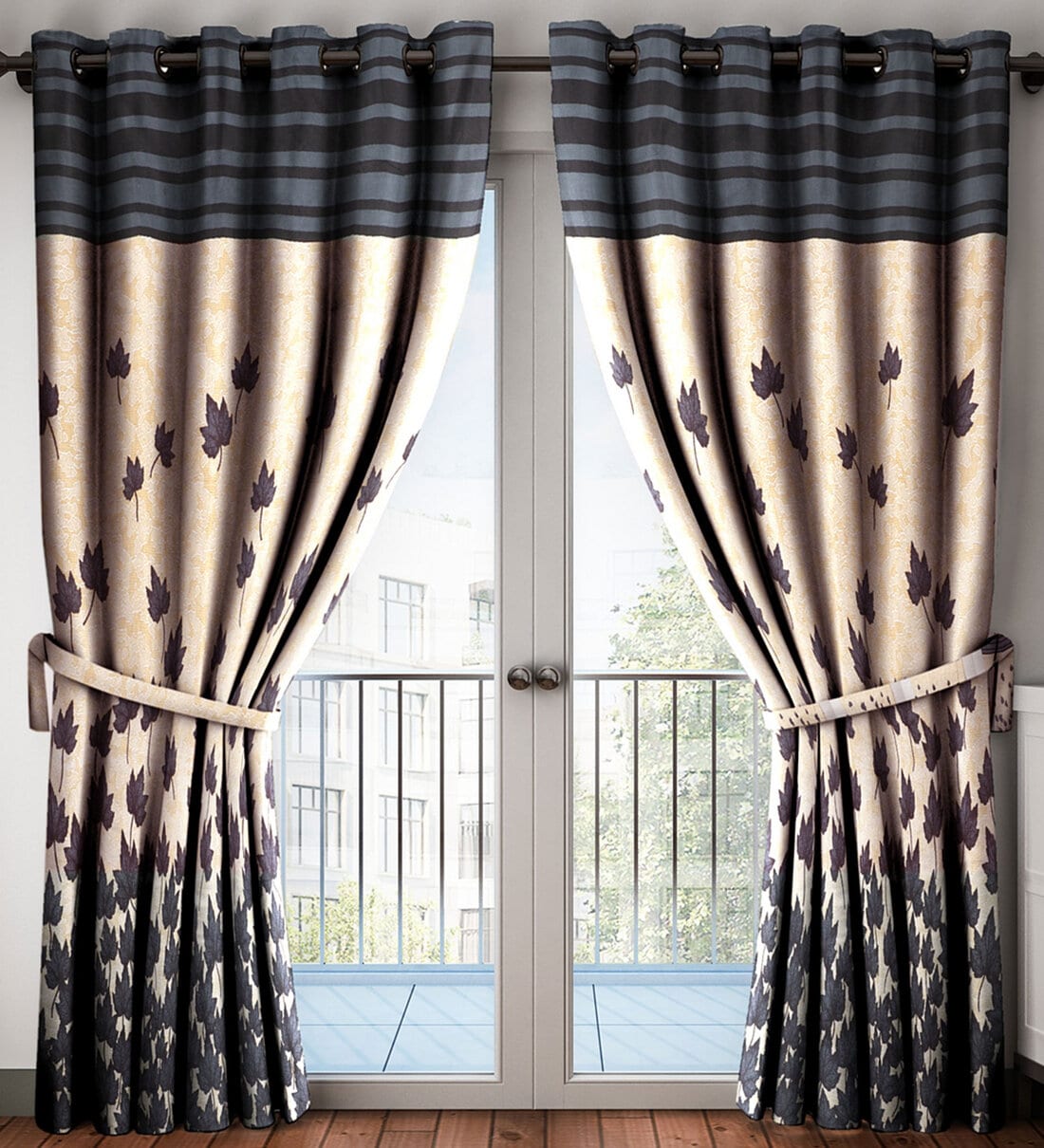 Grey Floral Polyester 7 Ft Semisheer Eyelet Door Curtains (Set of 2), By Home Sizzler 