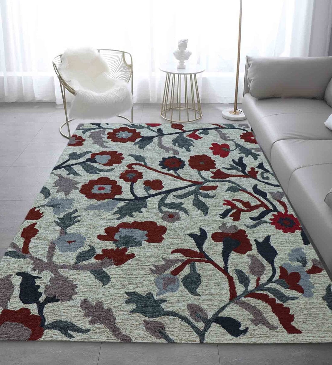 Buy Grey Floral Wool 5 ft x 7 ft Hand Tufted Carpet by CARPET IMPEX