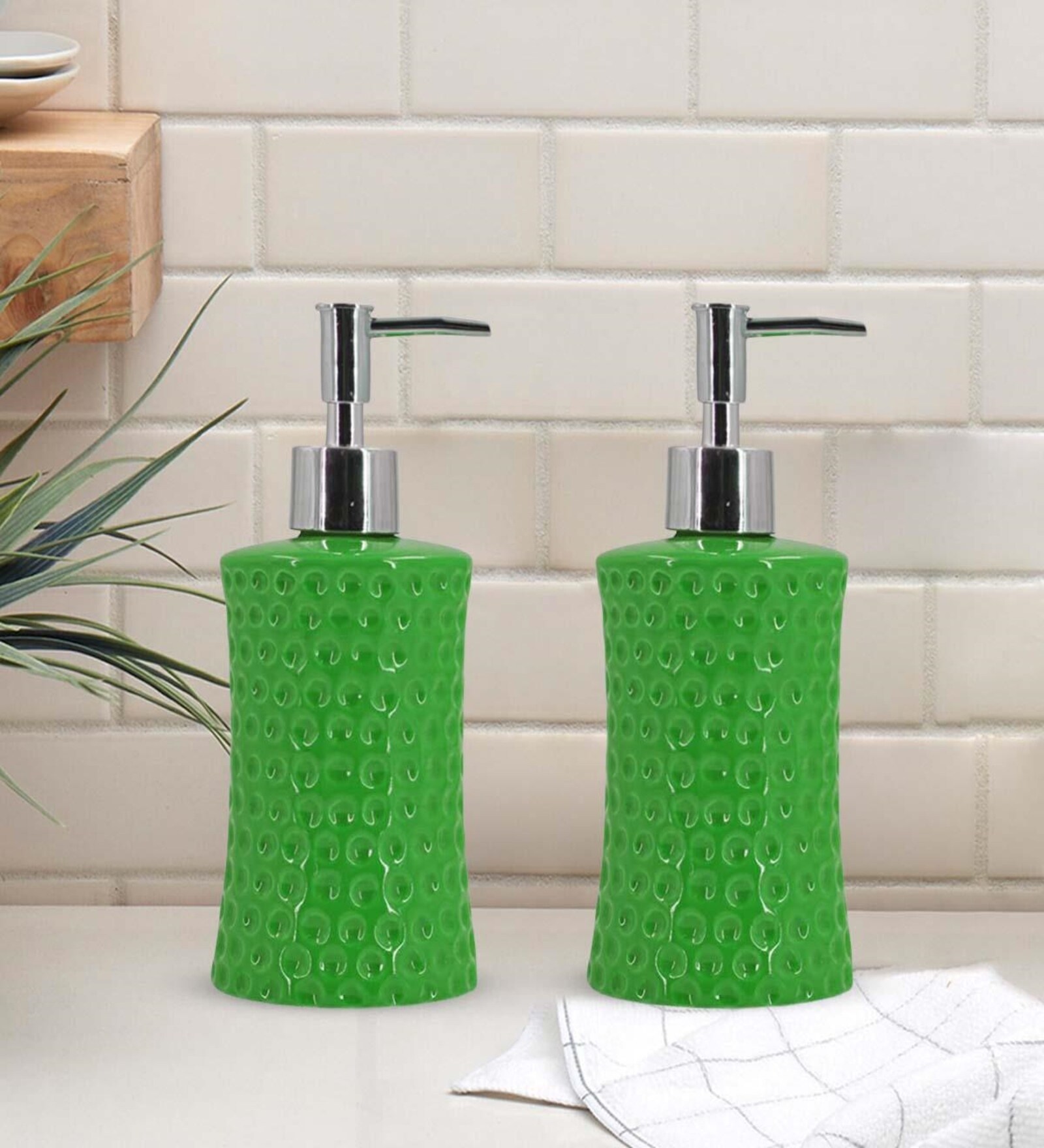 Buy Green 300 ml Ceramic Liquid Soap Dispenser (Set of 2) by Kookee at