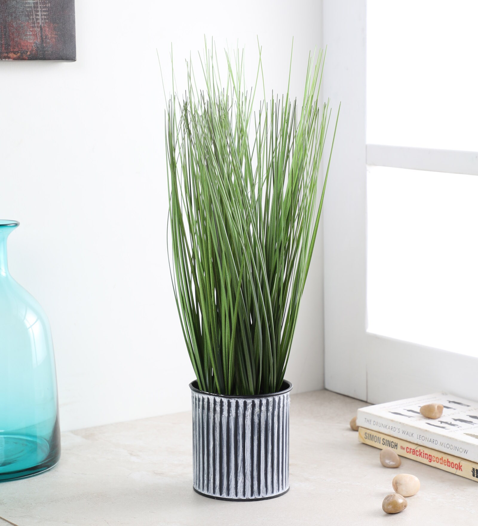Buy Green Fabric Artificial Onion Grass Plant with Pot by Fourwalls
