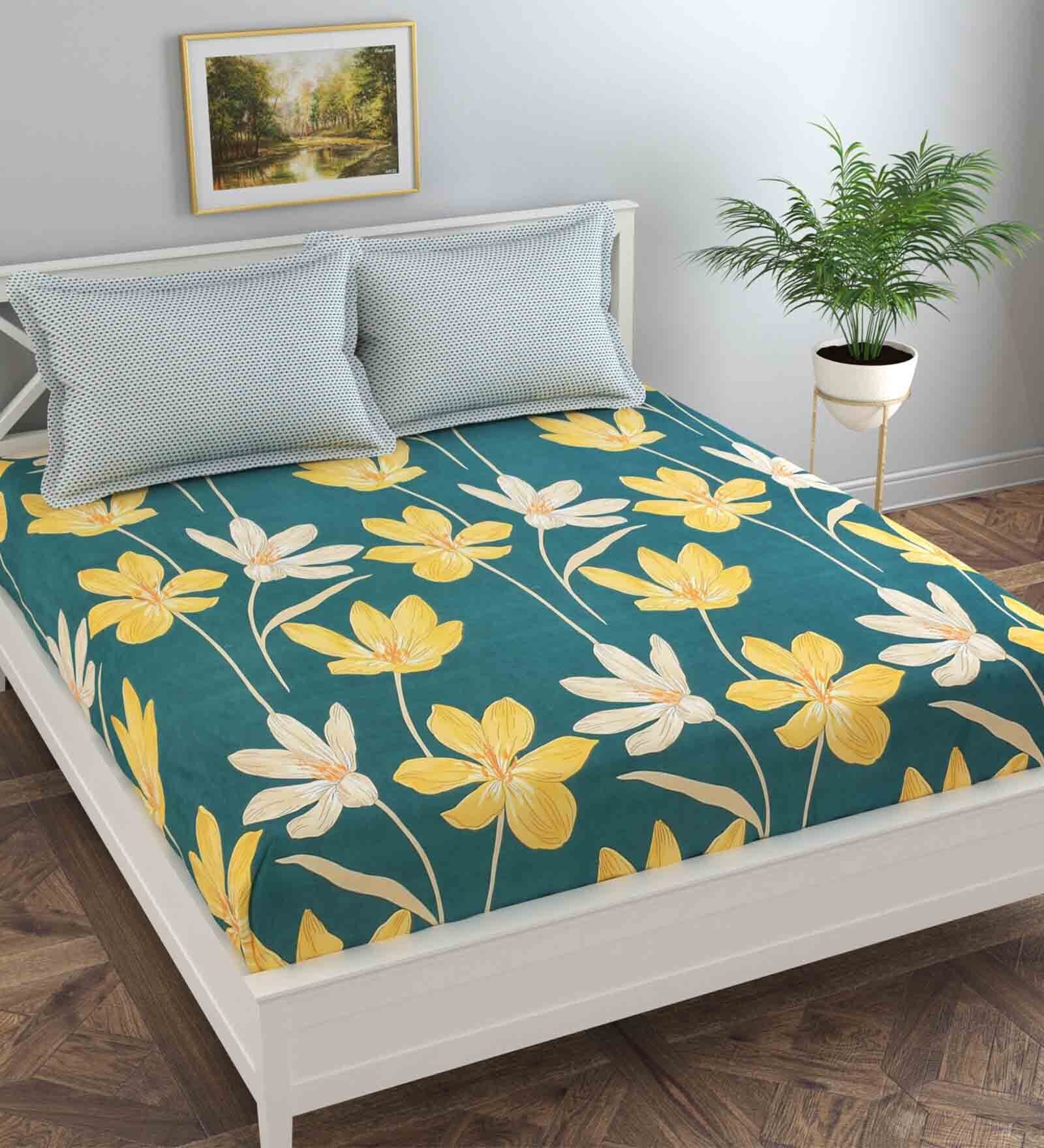 Green Floral 130 TC Poly Cotton Queen Sized Bedsheet with 2 Pillow Covers, By FLORIDA 