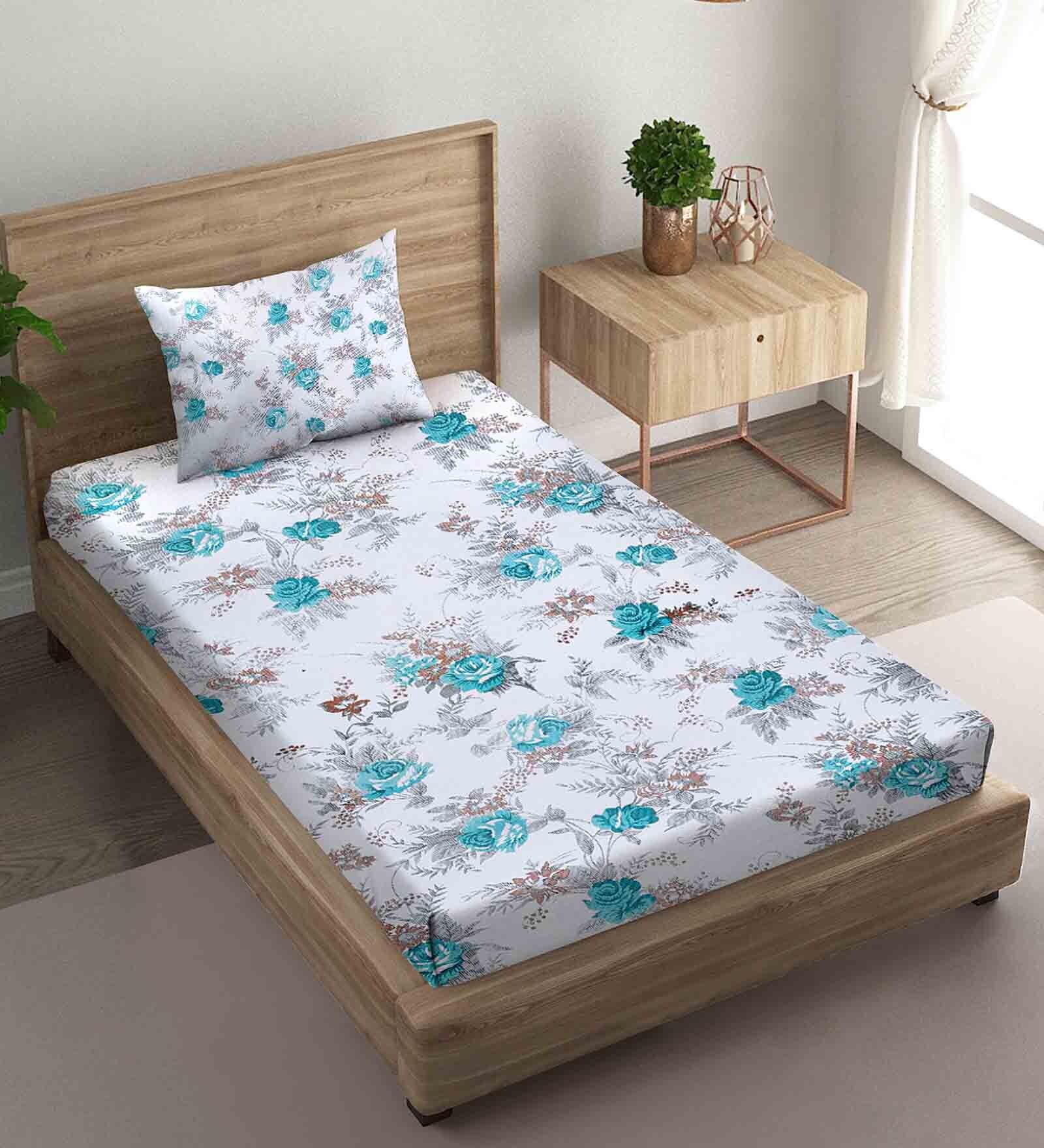 Buy Aqua Floral 186 TC Cotton Single Bed Sized Bed Sheets With 1 Pillow Cover by Naksh Online