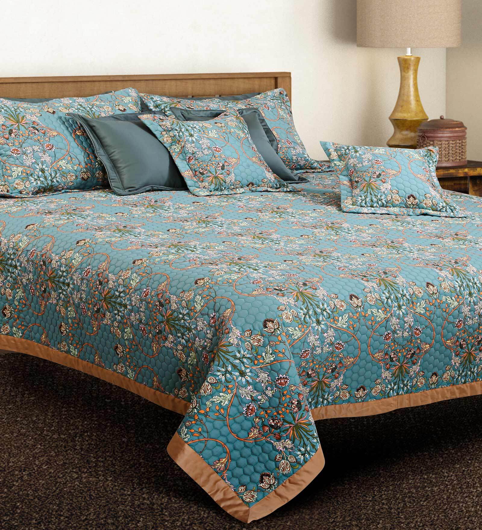 Buy Green Floral 250 TC Cotton Quilted Double Bed Cover with 2 Pillow ...