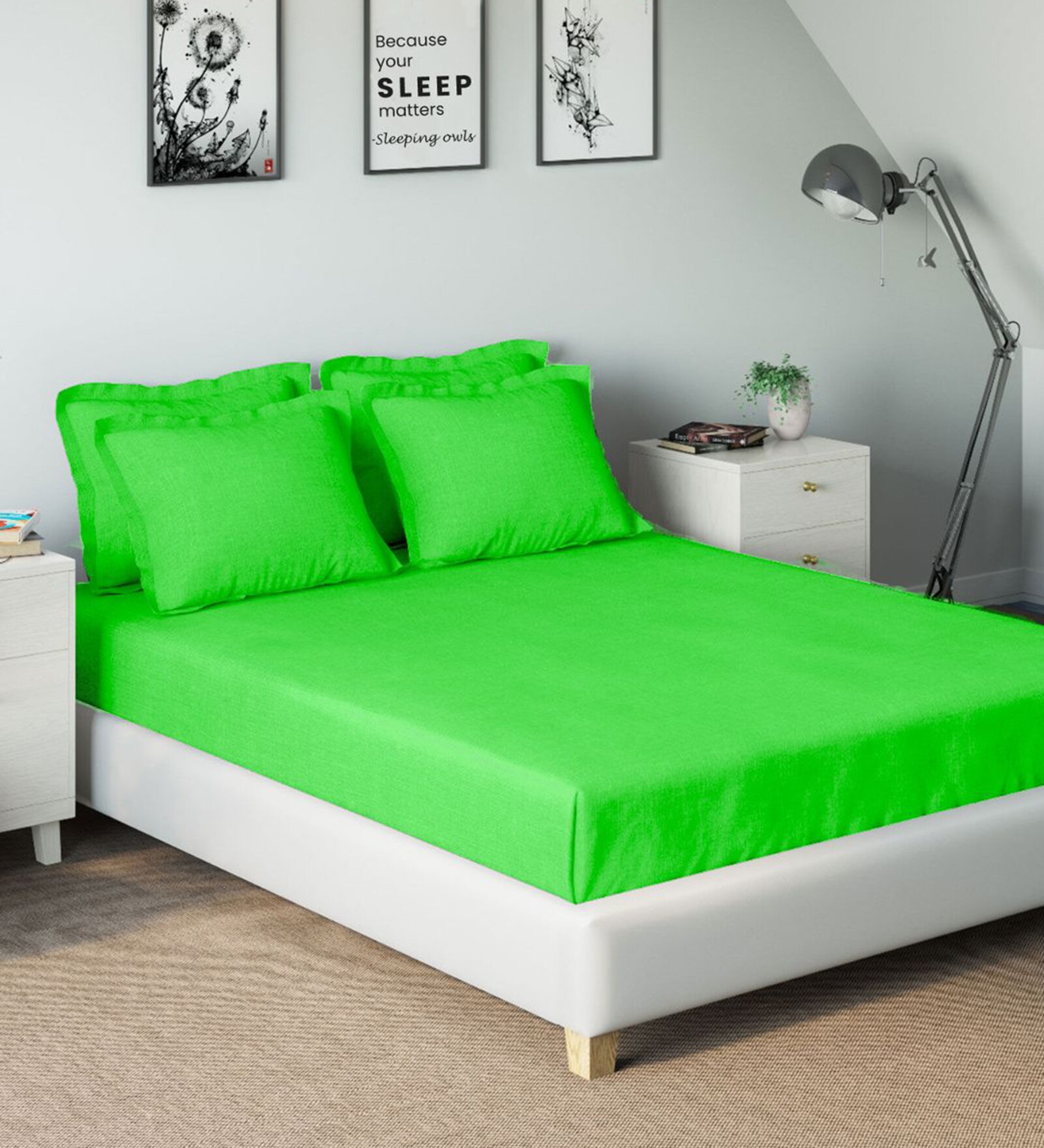 Buy Green Solid 210 TC Cotton King Sized Bed Sheets with 4 Pillow