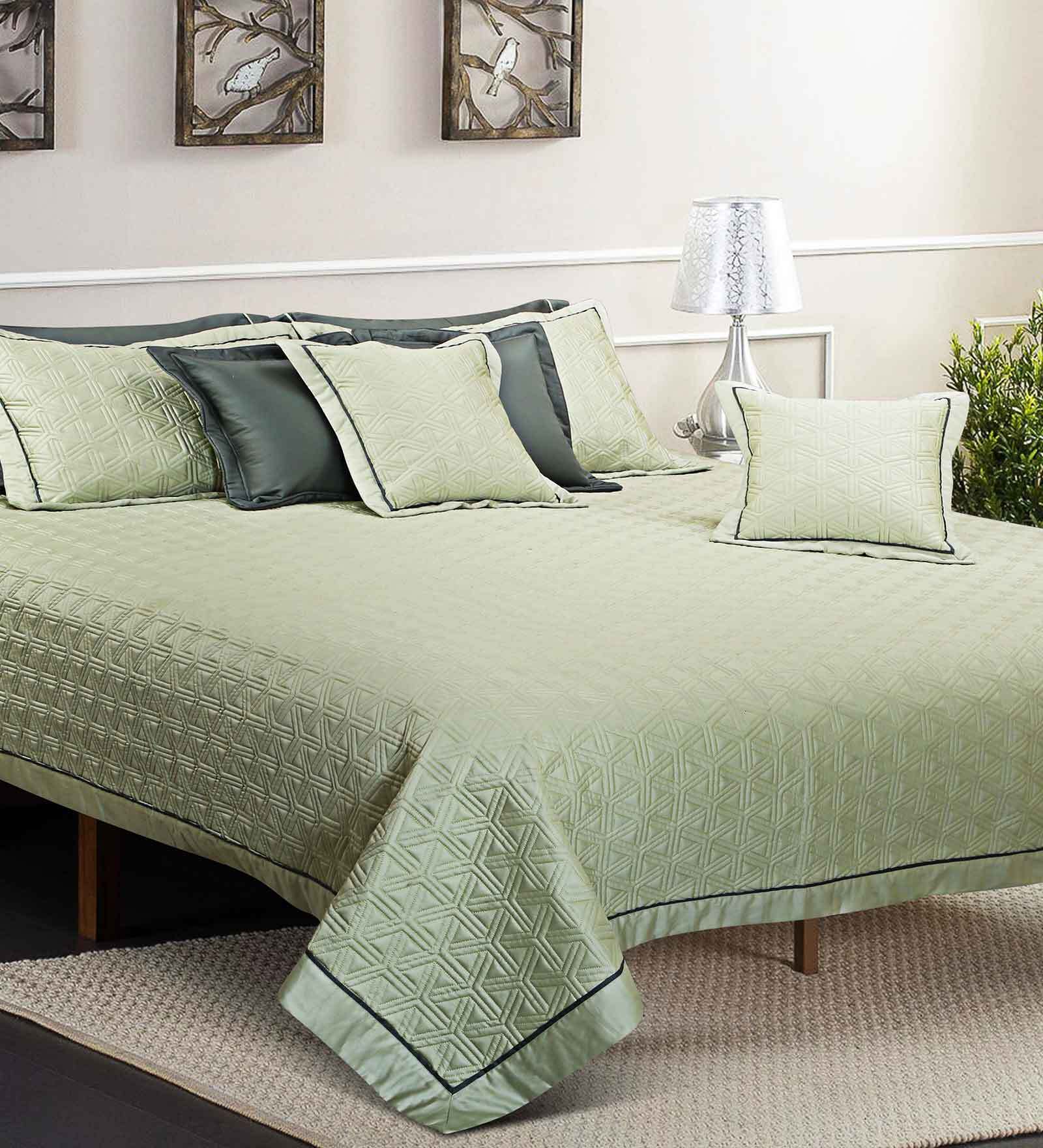 Buy Green Solid 300 TC Cotton Quilted Double Bed Cover with 2 Pillow