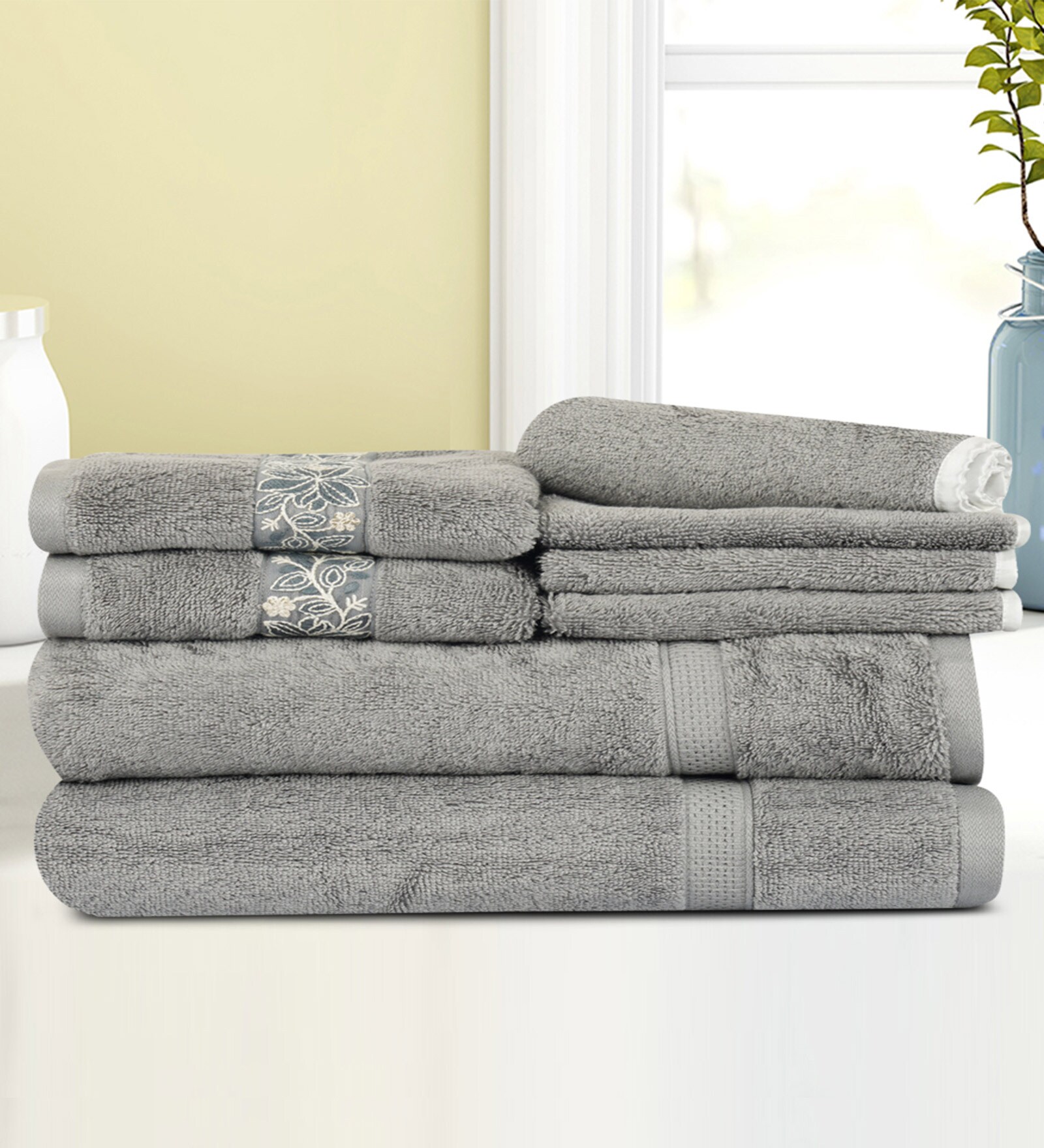 Buy Grey Cotton Solid 500 GSM Towel Set 8 Pieces by Lush & Beyond Online Solid Colour Towels