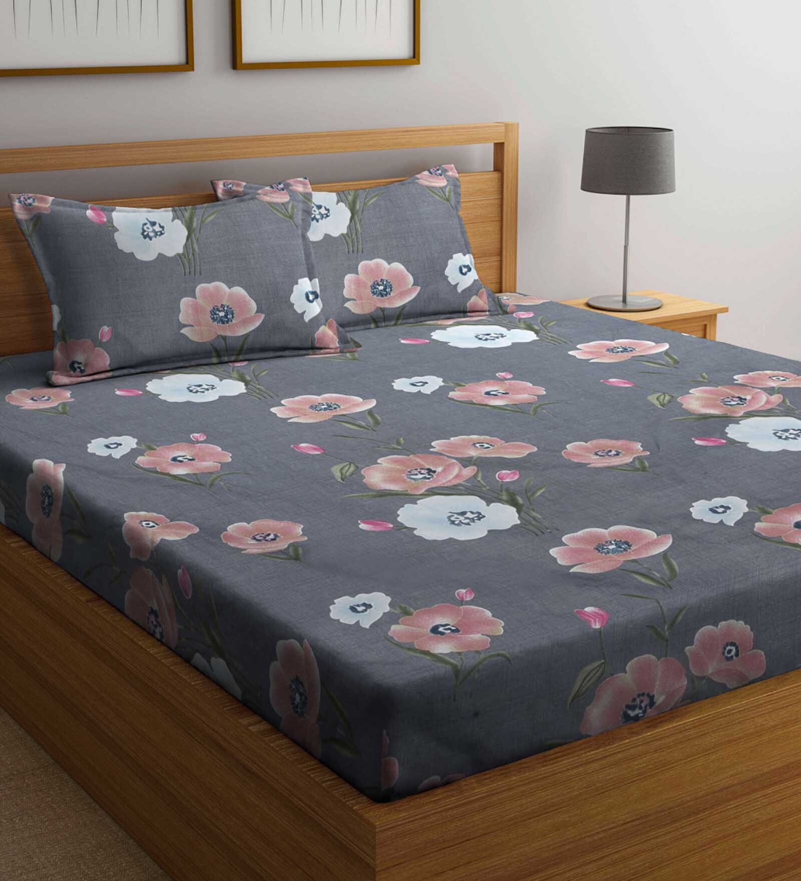 Buy Grey Floral 300 TC Cotton Blend Queen Sized Bed Sheets with 2