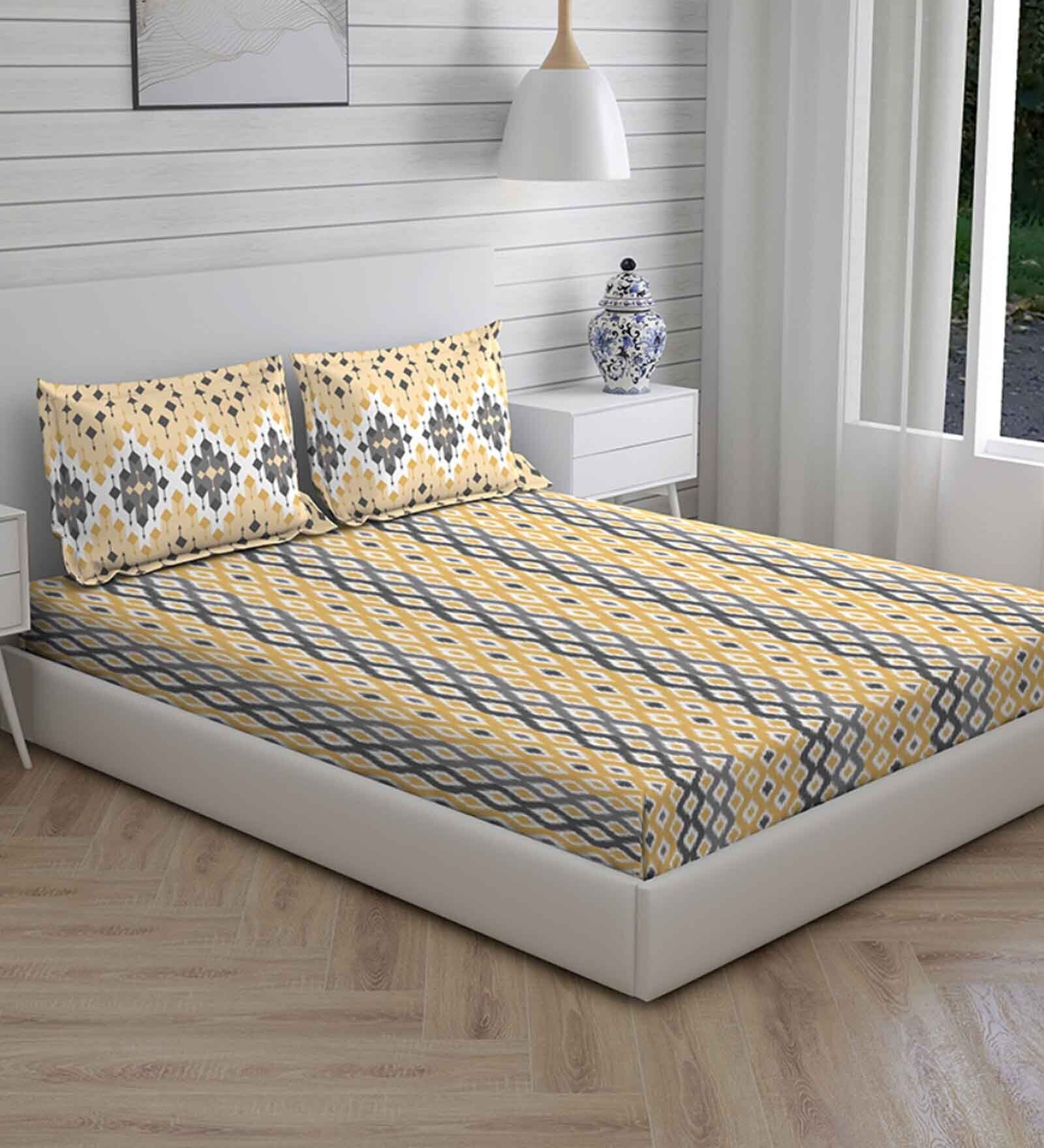 Buy Grey Traditional 104 TC Cotton Queen Sized Bed Sheets with 2 Pillow Covers by Layers Online